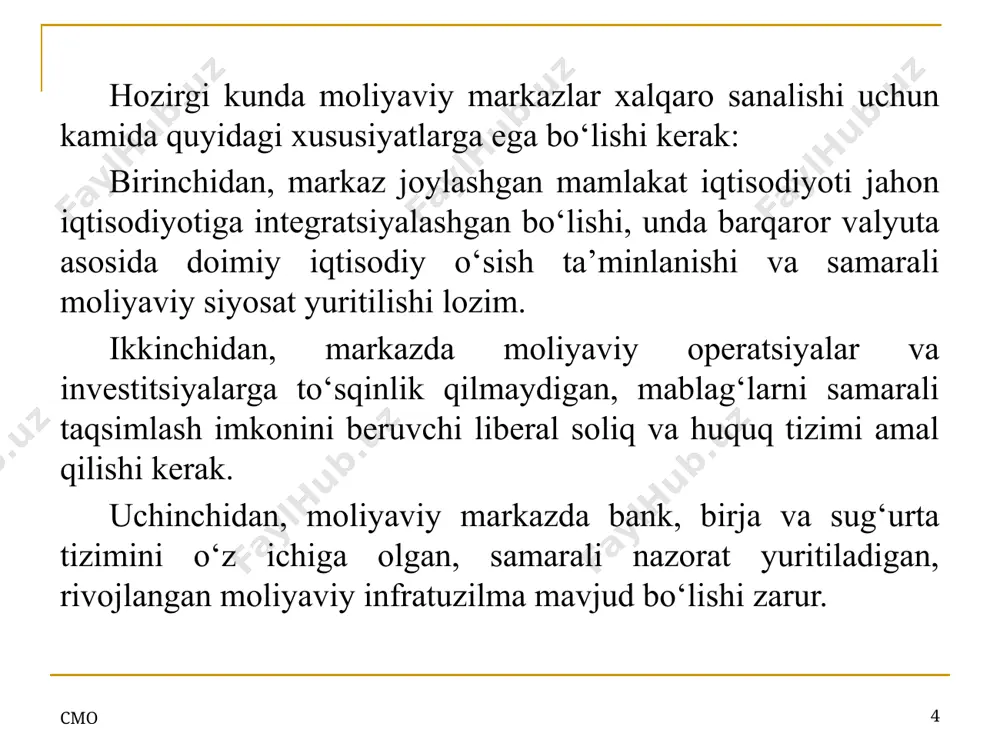 diy aktivlar va h.k. erkin harakati uchun iqtisodiyotning ochiqligi; - soliq, bojxona siyosati orqali rag‘batlantiruvchi leberal, immigratsion va boshqa shu kabi qonun xujjatlirini mavjudligi; - buxgalteriya hisobi va hisobotini yuritish, nazorat va tartibga solish tizimining zamonaviy, jahon standartlariga mosligi; - rivojlangan moliyaviy infratuzilmaning mavjudligi; - mamlakatidagi makroiqtisodiy va siyosiy barqarorlik. сmo 10 avval “dow jones index service co.” hozirda esa, “the standard & poor’s dow jones index co.” egasi hisoblangan “chicago mercantile exchange group (cme)” bilan “xinhua news” agentligi birgalikda 2010 yilda sinxua-dou-djons xalqaro moliyaviy markazlar rivojlanish indeksi (xinhua-dow jones international financial center development index(ifcd index))ni amaliyotda e’lon qildi. mazkur indeks global miqyosda tanilib, yangi, innovatsion xalqaro moliyaviy markaz shaharlarni barpo etishga xizmat qilmoqda. sinxua-dou-djons xalqaro moliyaviy markazlar rivojlanish indeksi bahosiga ko‘ra, asosiy 10 ta xalqaro moliyaviy markazlarni yuqori reytingdan pastga qarab sanaydigan bo‘lsak, dastlab nyu-york bo‘lsa, keyin london, tokio, singapur, gonkong va shanxay (o‘zaro aloqador), parij, frankfurt, pekin va …