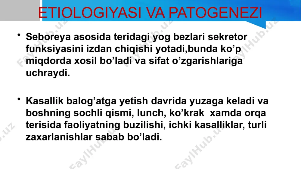 reyaga qarshi preparat «gioksizon», «lorinden c», 33% li oltingugurt malhami hamda ixtiol rezortsinli pasta (avvaliga 1:3, keyinchalik 1:1 nisbatda) surtiladi. bemorlar terisida demodex folliculorum topilsa, u holda antiparazitar dorilar, oltingugurtli tavsiya etiladi. manbalar dermatologiya (a.m.mannonov q.n.xayitov). teri tanosil kasalliklari (oripov) dermatovenerologiya (e.x.eshboev u.a.tashkenbaeva) national institutes of health(https://www.niams.nih.gov/health-topics/rosacea) image1.jpeg image3.png image4.png image5.png image6.png image7.png image8.png image9.png image10.png image11.png image2.jpeg /docprops/thumbnail.jpeg