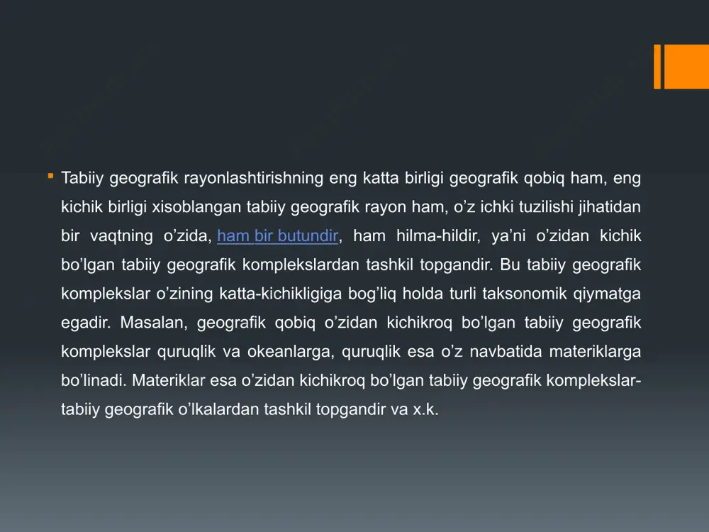 an yana bir hili v.i.prokaev (1976) tomonidan tavsiya etilgan bo’lib, u maydon o’lchamidir. uning fikricha, eng yirik tabiiy geografik komplekslardan biri - o’lka bir necha yuz mingdan bir necha million kv.km maydonga ega bo’lishi kerak. landshaft provintsiyasining maydoni yuzlab ming va bir necha o’nlab ming kv.km ga teng bo’lishi kerak. qolgan tabiiy geografik komplekslar esa quyidagicha maydonga egadir: landshaft okrugi - birnecha o’nlab ming kv.km dan bir necha ming kv.km gacha, landshaft rayoni birnecha o’nlab kv.km dan birnecha yuz kv.km gacha. landshaftning qismlari xisoblangan tipologik birliklar - fatsiya birnecha yuz kv.km dan birnecha o’n gektargacha, urochishelar esa bir necha yuz kv.m. dan birnecha kv.km gacha bo’lgan maydonni egallaydi. n.i.mixaylov (1985) ham tabiiy geografik rayonlashtirishning taksonomik birliklarini tavsiflagan vaqtda tabiiy geografik rayonlarning maydoni bir necha yuz kv.km dan 2-5 ming kv.km gacha, landshaftlarning maydoni o’nlab va kamdan-kam yuzlab kv.km bo’lishini aytadi. uningcha, urochishelarning maydoni 10 kv.km dan oshmaydi va fatsiyalarning maydoni …