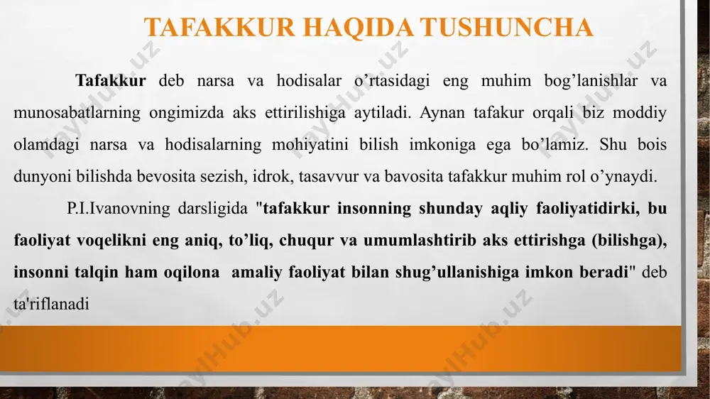 ektiv psixologik jarayonlar bilangina chegaralanmaydi . akademik a.i.berg shunday deb yozadi "inson faqat tashqi dunyo bilan to’xtovsiz muloqot qilishi sharoitidagina uzoq vaqt fikrlashi mumkin. tashqi dunyodan to’liq informasion ajralish bu aqldan ozishning boshlanishidir. tafakkur nerv-fiziologik asosi tafakkur faoliyati uchun avvalo analizatorlarning miyadagi nerv uchlari o’rtasida vujudga keladigan murakkab bog’lanishlar muhim ahamiyatga egadir. analizatorlarning bosh miya po’stidagi uchastkalari bir-biridan keskin ajralgan holda emas, balki bir-biriga tutashib, bir-biri bilan chambarchas bog’lanib ketganligi sababli mazkur bog’lanishlarning vujudga kelishi yuqorida aytib o’tilganidek, tafakkurning maxsus nerv-fiziologik mexanizmlaridir. bunda ikkinchi signallar tizimining bog’lanishlari birinchi signal tizimidagi bog’lanishlarga tayanadi. i.p.pavlov ikkinchi signal tizimining ishi hamisha birinchi signal tizimi bilan o’zaro o’tkazish jarayonida hozir bo’ladi, deb ta'kidlagan. ikkinchi signal tizimi asosida birinchi signal bilan o’zaro ta'sir qilish jarayonida dastlab umuminsoniy empirizmni va nihoyat odamning o’z tevaragidagi olamni va uning o’zini bilish uchun oliy qurol bo’lgan oliy tafakkur voq'e bo’ladi. tafakkurning muayyan bir narsaga qaratilishi uchun nerv-fiziologik asos bo’lgan …