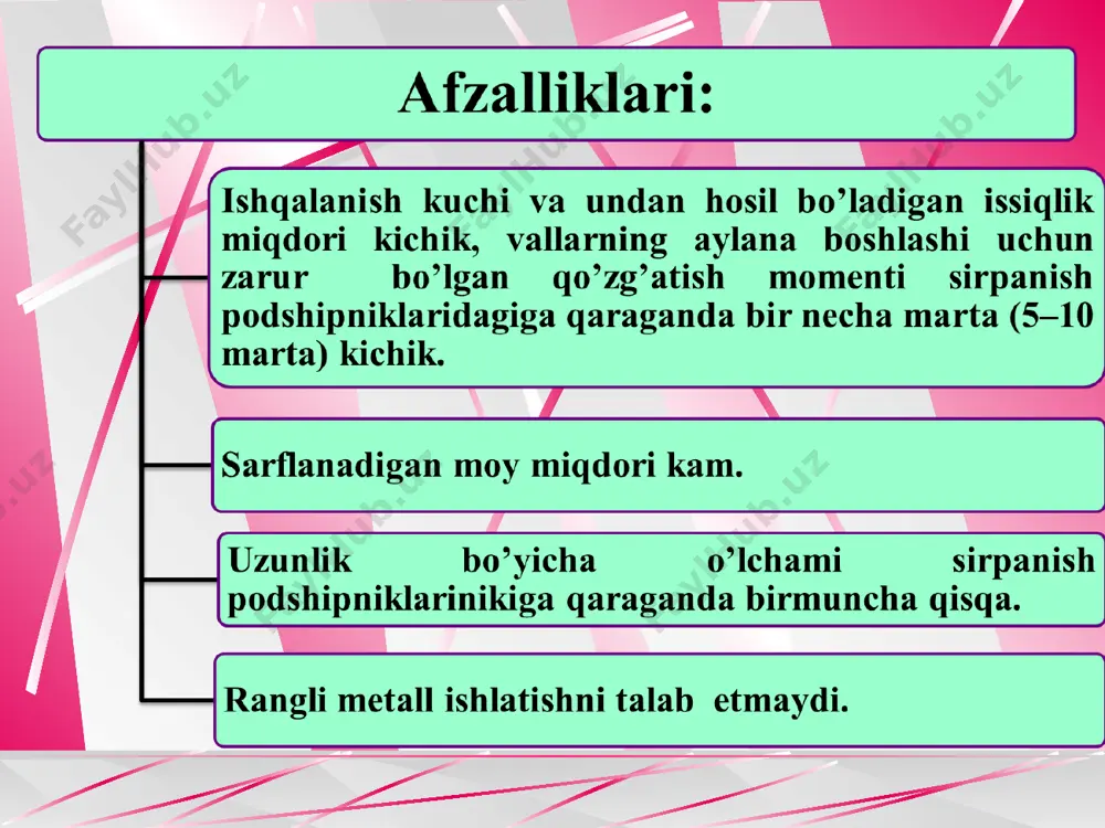 pastki yarim pallasidagi shariklarning nagruzkali holatda bo’lishini ko’rib chiqaylik (2-rasm). 2-rasm. podshipnikdagi shariklarga tushadigan yuklama. podshipnikning kinematikasi. podshipnik kinematikasini tushu­nish uchun ichki halqasi aylanadigan qilib o’rnatilgan podshipnik detal­lari uchun to’zilgan tezliklar planidan foydalanamiz (3-rasm). 3-rasm. podshipnik sharigida aylana tezliklarning o‘zgarishi podshipnik sharigi planetar harakat qiladi. 4-rasmda podshipnik ichki halqasi aylanganda tezliklar plani ko‘rsatilgan. bunda sharikni o‘z o‘qi atrofida aylanishidagi burchak tezligi: sharikning val o‘qi atrofidagi burchak tezligi yoki separatorning burchak tezligi: shunday qilib, separator val bilan bir tomon, lekin val burchak tezligining yarmiga teng burchak tezlik bilan aylanmoqda. podshipnik dinamikasi. podshipnikning har bir sharigi yoki roligi (4-rasm) tashqi halqaga markazdan qochirma kuch bilan qisiladi. 4-rasm. podshipnik sharigiga ta’sir qiladigan markazdan qochirma kuch va giroskopik momen tirak podshipniklar sharigiga markazdan qochirma kuchdan tashqari, sharik o‘qining fazoda o‘zgarishi bilan bog‘liq giroskopik moment ham ta’sir etadi (4-rasm): podshipniklarni moylash. moylash podshipnikning xizmat qilish muddatiga sezilarli ta’sir etadi. u ishqalanishni kamaytirib, kontakt kuchlanishni pasaytiradi, …