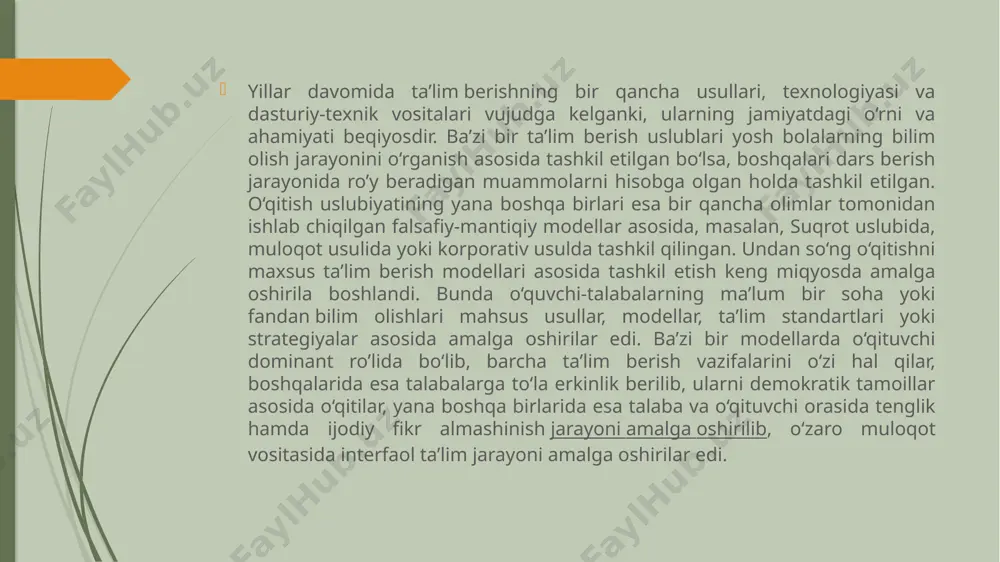 ljallanadi; asosiy bosqichda elektron o‘quv qo‘llanmani bevosita yaratish bo‘yicha ishlar amalga oshiriladi; yakunlovchi bosqichda elektron o‘quv qo‘llanmani testdan o‘tkazish va maqomiga etkazish ishlari amalga oshiriladi. elektron pochta orqali bosma materiallar, fotografiya, jadval, grafik ish qog‘ozlari va jurnallar kerakli manzilga jo‘natiladi. bunda asosan axborotlar (xat - xabarlar)ni uzatish va qayta ishlashning elektron usulidan foydalaniladi. elektron shaklidagi o‘quv – uslubiy materiallar – bular elektron darslik, elektron o‘quv qo‘llanmalari, elektron kutubxonalar, mos (cd, flash va h.k.) sig‘imdagi audiovizual materiallar, interfaol o‘quv kurslari, ko‘mpyuterda hisoblash tajribasini o‘tkazish uchun labaratoriya vazifalari, test sinovlarini o‘tkazish bo‘yicha tizimlar. e’tiboringiz uchun raxmat image1.jpg image2.jpg image3.jpeg /docprops/thumbnail.jpeg