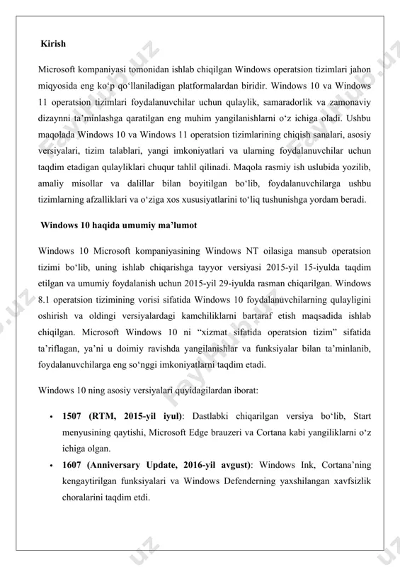 siyalari quyidagilardan iborat: · 1507 (rtm, 2015-yil iyul): dastlabki chiqarilgan versiya bo‘lib, start menyusining qaytishi, microsoft edge brauzeri va cortana kabi yangiliklarni o‘z ichiga olgan. · 1607 (anniversary update, 2016-yil avgust): windows ink, cortana’ning kengaytirilgan funksiyalari va windows defenderning yaxshilangan xavfsizlik choralarini taqdim etdi. · 1703 (creators update, 2017-yil aprel): paint 3d, game mode va maxfiylik sozlamalarini yaxshilash kabi yangiliklar kiritildi. · 1809 (october 2018 update): clipboard tarixi, file explorer uchun qorong‘u rejim va snip & sketch vositasi joriy qilindi. · 1903 (may 2019 update): yorqin mavzu, windows sandbox va windows update sozlamalarining yaxshilanishi. · 21h2 (2021-yil noyabr): wpa3 h2e xavfsizlik standartlari va wsl (windows subsystem for linux) uchun gpu hisoblashni qo‘llab-quvvatlash. · 22h2 (2022-yil oktyabr): eng so‘nggi versiya bo‘lib, xavfsizlik va ishlashni yaxshilashga qaratilgan kichik yangilanishlarni o‘z ichiga oladi. har bir versiya foydalanuvchi tajribasini yaxshilash, xavfsizlikni kuchaytirish va yangi funksiyalarni joriy etish maqsadida ishlab chiqilgan. windows 10 ning umumiy …