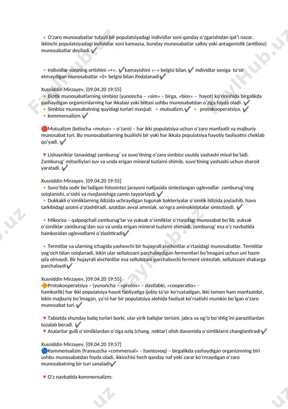 ev, [09.04.20 17:10] 🔴yana bir muhim topografik omil – qiyalik ekspozitsiyasi✔️ 🔴shimoliy yarimsharda tog‘ning janubga qaragan qiyaligiga ko‘proq quyosh nuri tushadi, shuning uchun bu yerda yorug‘likning intensivligi va harorat shimoliy qiyalikka nisbatan yuqori bo‘ladi.✔️ 🔴topografik omillardan yana biri qiyalikning tikligidir. ✔️🔴tog‘ va tepa liklarda qiyalik qancha tik bo‘lsa, unda o‘simliklar shuncha kam o‘sadi, chunki suv ta’sirida tuproq yuvilib ketadi va uning unumdor qatlami kamayadi ✔️ janubiy yarimsharda esa buning aksi kuzatiladi✔️ tik qiyaliklarda asosan kserofit o‘simliklar uchraydi.✔️ xusniddin mirzayev, [09.04.20 19:55] 🔴12-§. muhitning biotik omillari. tirik organizmlar o‘rtasidagi munosabatlar 🔸bir yoki har xil turga mansub oʻsimlik, hayvon va mikroorganizmlarning o‘zaro hamda yashash sharoitlariga ta’siri muhitning biotik omillarini ifodalaydi✔️ 🔸organizmlar orasidagi o‘zaro munosabatlarning barcha ko‘rinishlari muhitning biotik omillarini tashkil qiladi✔️ 🔸biotik omillar ikki guruhga ajratiladi.⤵️⤵️⤵️ 🔻tur ichidagi munosabatlar – bir turga mansub individlar o‘rtasidagi munosabatlar.✔️ bu populatsiyaning o‘zo‘zini boshqarishdagi muhim mexanizmdir. ✔️ 🔻turlararo munosabatlar – har xil turlar o‘rtasidagi munosabatlar sanaladi✔️ …