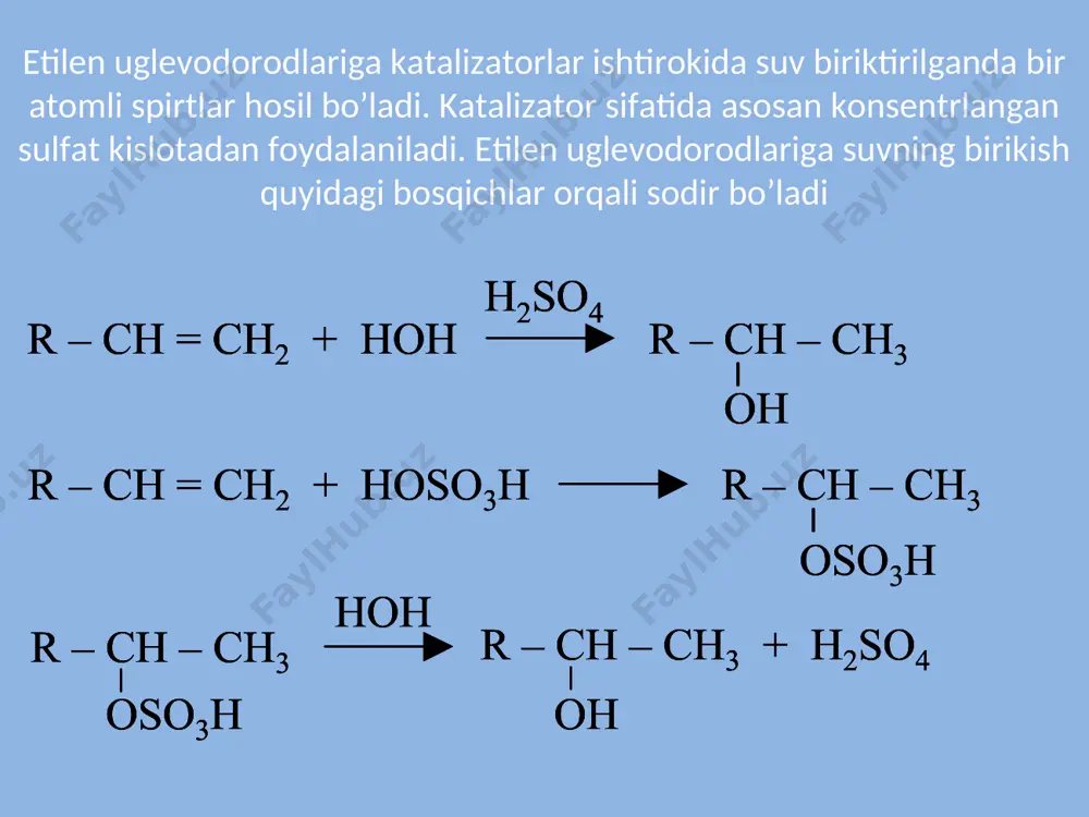 qor (asos) katalizatorligida esa chapga siljiydi. chapga boruvchi jarayonni sovunlanish deyiladi, chunki bu jarayon natijasida sovun (va unga o’xshash moddalar) hosil bo’ladi. spirtlardan suvning ajralish jarayoni (degidrotatsiya) ikki xil yo’nalishda sodir bo’lishi mumkin: jarayon suvni tortib oluvchi vositalar sulfat, ortafosfat kislotalar, alyuminiy oksidli va boshqalar ishtirokida boradi. suv bir molekula spirtdan (ichki molekulyar degidratlanish) yoki har xil molekula spirtdan ajralib chiqishi mumkin. suv har xil spirtdan ajralib chiqqanda oxirgi mahsulot sifatida oddiy efir hosil bo’ladi suv bir molekula spirtdan ajralib chiqqanda oxirgi mahsulot sifatida to’yinmagan uglevodorod hosil bo’ladi. spirtlardan suvning ajralib chiqishi zaysev qoidasiga muvofiq borib, bunda vodorod eng kam vodorod tutgan uglerod atomidan ajralib chiqadi. shunga muvofiq spirtlardan suvning ajralib chiqish tezligi quyidagi tartib o’zgaradi: spirtlarga galoid vodorod kislotalar, fosforning, oltingugurtlarning galogenli hosilalari bilan ta’sir etilganda ulardagi gidroksil guruhi galogenga almashinadi: bu jarayon uchlamchi spirtlarda juda osonlik bilan boradi, jarayon ye1-mexanizmiga mos keladi: spirtlardagi gidroksil guruhni rcl5 yoki rcl3 …
