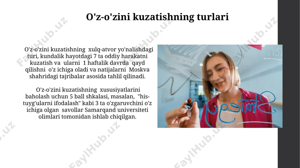 riba asosida, xavotirli buzilishlarni davolashda, ya'ni 30 bemorda qo'llanilgan 8 hafta davom etgan terapiya jarayonida, yaxshi natijalarga erishdi. kognitiv-xulq terapiyasida o'z-o'zini kuzatish, 5-7 kun davomida his-tuyg'ular va fikrlarni kuzatish orqali, samarqanddagi kliniklarda ijtimoiy fobiya bilan og'rigan 15 bemorda sezilarli yaxshilanish kuzatilgan. e'tiboringiz uchun rahmat @taqdimot_robot image1.jpg image2.jpg image3.jpg image4.jpg image5.jpg image6.jpg image7.jpg image8.jpg