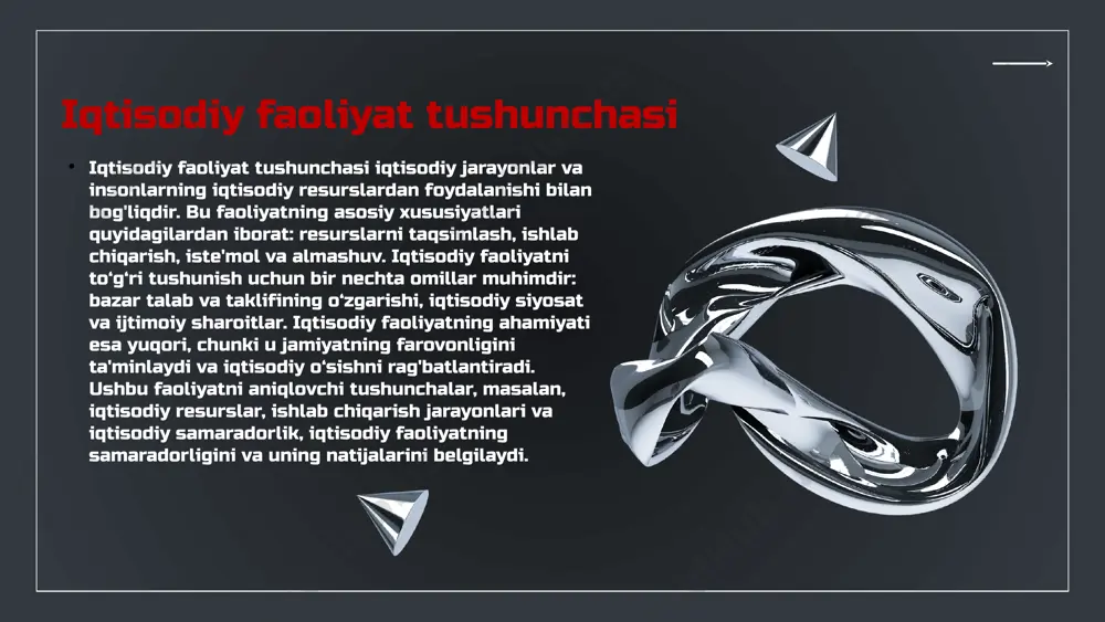 ish va yangi ish o'rinlari yaratish imkonini beradi. 2. **ta'lim va malaka oshirish:** odamlarning bilim va ko'nikmalarini oshirish, ishchi kuchining samaradorligini oshirib, iqtisodiy faoliyatni kuchaytiradi. 3. **innovatsion texnologiyalarni joriy etish:** yangi texnologiyalarni qabul qilish, ishlab chiqarish jarayonlarini optimallashtirish va mahsulot sifatini oshirish imkonini beradi. har bir yo'lning afzalliklari iqtisodiy barqarorlik va raqobatbardoshlikni ta'minlashga yordam beradi. mamlakatlar misolida iqtisodiy faoliyatni rivojlantirish strategiyalar va tajribalar iqtisodiy faoliyatni rivojlantirish uchun har xil mamlakatlarda muvaffaqiyatli amalga oshirilgan strategiyalar mavjud. o'zbekiston, janubiy koreya va germaniya iqtisodiy rivojlanishga erishish uchun innovatsion yondashuvlar, davlat dasturlari va xususiy sektorni qo'llab-quvvatlash kabi strategiyalarni amalga oshirgan. o'zbekiston, janubiy koreya va germaniya o'zbekistonda iqtisodiy islohotlar, janubiy koreyada texnologiyalarga asoslangan sanoat, germaniyada esa mustahkam iqtisodiy siyosat orqali iqtisodiy faoliyatni rivojlantirishda muvaffaqiyatga erishilgan. ushbu mamlakatlardan olingan tajribalar global iqtisodiy muammolarga javob berish uchun foydali misollardir. xulosa iqtisodiy faoliyatning asosiy turlari: - ishlab chiqarish: mahsulotlar va xizmatlar yaratish jarayoni. bu jarayonda resurslar, mehnat va …