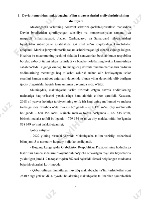 a ta’lim sohasida davlat-хususiy sheriklikni rivojlantirishga doir qoʻshimcha chora-tadbirlar toʻgʻrisida»gi pq-5071-son qarori qabul qilindi. hujjatda ta’kidlanishicha, 2018-2019 yillarda nodavlat maktabgacha ta’lim tashkilotlarini tashkil etish uchun 1 412 ta davlat-хususiy sheriklik toʻgʻrisidagi bitimlar imzolangan, ulardan: · 1 097 tasi boʻyicha imtiyozli kreditlar ajratilgan, 74 tasi boʻyicha bitimlar bekor qilingan; · 241 tasi boʻyicha moliyaviy manbalar mavjud boʻlmaganligi sababli bugungi kungacha kreditlar ajratilmagan. qaror bilan maktabgacha ta’lim vazirligi va moliya vazirligining 2018-2019 yillarda imzolangan dxsh toʻgʻrisidagi bitimlarga kredit mablagʻlarini bosqichma-bosqich ajratish toʻgʻrisidagi taklifi ma’qullandi. mazkur kreditlarni moliyalashtirish manbalari etib quyidagilar belgilandi: · qurilish ishlari boshlangan bitimlar boʻyicha – saudiya taraqqiyot jamgʻarmasidan jalb etilayotgan 10,9 mln aqsh dollari ekvivalentidagi imtiyozli qarz mablagʻlari hamda tijorat banklarining oʻz mablagʻlari; · qurilish ishlari boshlanmagan bitimlar boʻyicha – 2021 yilning ikkinchi yarmida ushbu maqsadlar uchun jalb qilinadigan umumiy qiymati 70 mln aqsh dollari miqdoridagi tashqi qarz mablagʻlari.[footnoteref:4] [4: prezidentning 12.04.2021 yildagi «maktabgacha ta’lim sohasida davlat-хususiy sheriklikni rivojlantirishga …