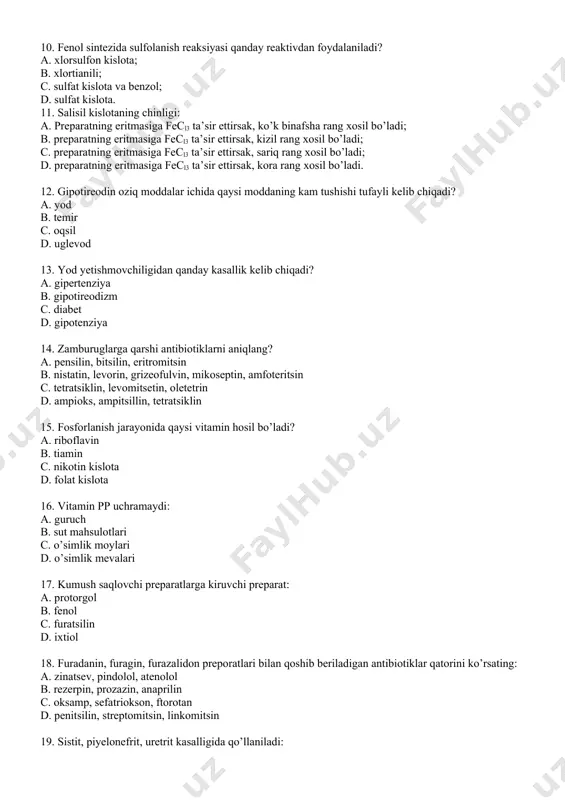 a ishlatiladi? a. metotreksat b. ftoruratsil c. rubomitsin d. vinblastin 21. agar organizm kodein, strixnin dori vositalari bilan zaharlansa, me’da: a. 3-4marta yuviladi b. 1marta yuviladi c. umuman yuvilmaydi d. 5-6 marta yuviladi 22. baxtsiz hodisalar orqasida zaharlanish nechanchi orinda turadi? a. 2 b. 3 c. 1 d. 5 23. stenokardiya hurujida qo’llaniladigan betta adrenoblokatorlarning ta’sir mexanizmini ko’rsating? a. yurak urushini va kislorodga bo’lgan ehtoyojini kamaytiradi b. qon aylanishini oshiradi с. toj-tomirlarni toraytiradi d. arterial bosimni tushiradi 24. qusishga qarshi ta’sir ko’rsatuvchi, mahalliy anestetik preparatni ko’rsating? a. anestezin b. triftazin с. diprazin d. dimedrol 25. qon ketishini to’xtatuvchi vosita? a. vikasol b . geparin c . fenilin d . allaxol 26. antitireoid vositalar keltirilgan qatorni toping? a. yod, pituritin, ganadotropin b. yod, diyodtirozin, tiroksin c. yod, oksitotsin d. yod, laktin, andiureksin 27. qoraqizning oilasini lotincha nomi. a. asteraceae; b. lamiaceae; c. polygonaceae; d. fabaceae. 28. shaftolibargtoron oilasini lotincha nomi. a. …