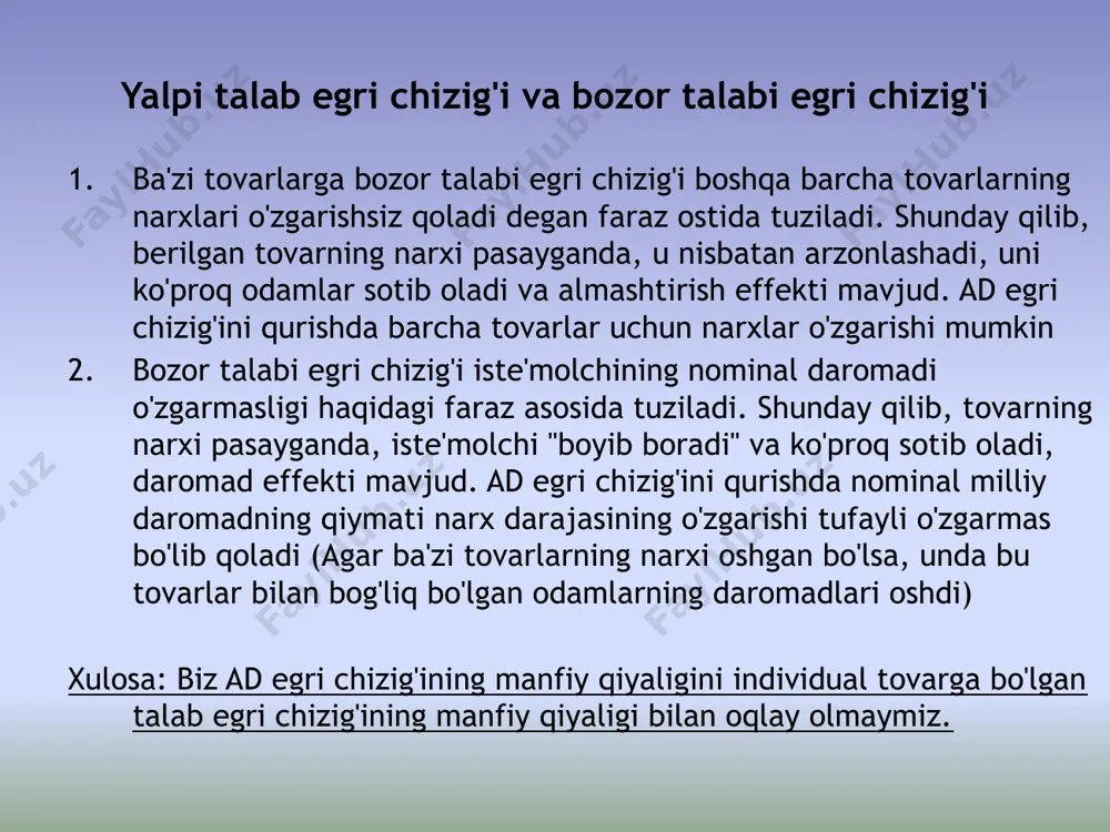 doimiy tezligida v agar m o'zgartirilsa, p va y ning mumkin bo'lgan birikmalari to'plami ham o'zgaradi, va ad egri chizig'i siljiydi misol: markaziy bank pul miqdorini kamaytiradi aylanish → ning qiymatini mutanosib ravishda kamaytiradi nominal qiymatlarda ishlab chiqarish py → har bir berilgan daraja narxlar ishlab chiqarilgan mahsulotlarning kamroq miqdoriga to'g'ri keladi va har bir berilgan mahsulot miqdori uchun pastroq narx darajasi p y ad1 ad1 ad ad egri chizig'ining siljishining monetaristik versiyasi 2-misol: markaziy bank pul miqdorini oshiradi aylanish → ning qiymatini mutanosib ravishda oshiradi nominal qiymatlarda ishlab chiqarish py → berilgan har biriga narx darajasi ko'proq mahsulot hajmiga mos keladi mahsulotlar, va har bir berilgan mahsulot miqdori uchun - ortiq yuqori narx darajasi - yalpi talabning o'sishi mavjud pul massasining o'zgarishi yagona sabab emas yalpi talabning o'zgarishi. doimiy pul bilan taklif bo'lsa, yalpi talab egri chizig'i siljishi mumkin pul aylanish tezligining o'zgarishi natijasida. boshqa teng sharoitlarda pul aylanish …