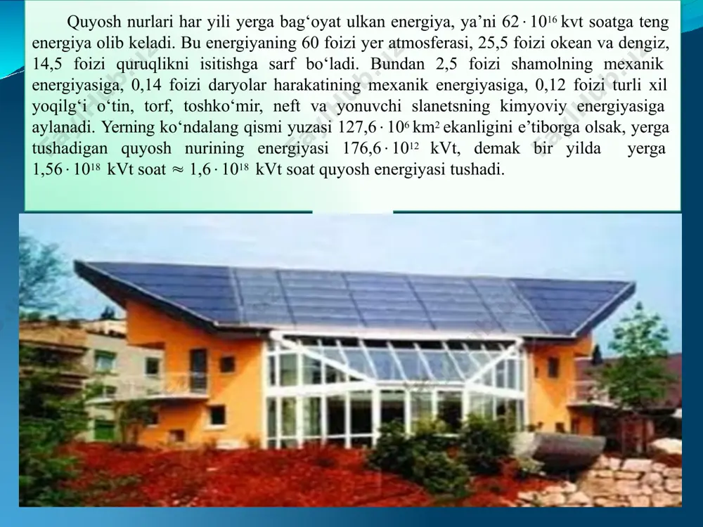 ari; quyosh sovutkichlari; binolarni isitish yarimo’tkazgichli quyosh elementlari issiqxonalar quyosh energiyasidan hozirgi kunda ko’p sohalarda foydalanilmoqda: foydalanilgan adabiyotlar: noana’naviy va qayta tiklanuvchi energiya manbalari. majidov t. sh. toshkent, 2014. – 177 bet. www.arxiv.uz e’tiboringiz uchun raxmat !!! image6.png image7.png image8.png image9.png image10.png image11.png image1.png image2.png image3.png image4.png image5.png image12.png image13.png image14.png image15.jpg image16.png image17.png image18.png image19.png image20.jpg image21.png image22.png image23.png image24.jpg image25.png image26.png image27.png image28.png image34.png image35.png image36.png image37.png image38.png image39.png image40.png image41.png image42.png image43.png image29.png image44.png image30.png image31.png image32.png image33.png image45.png