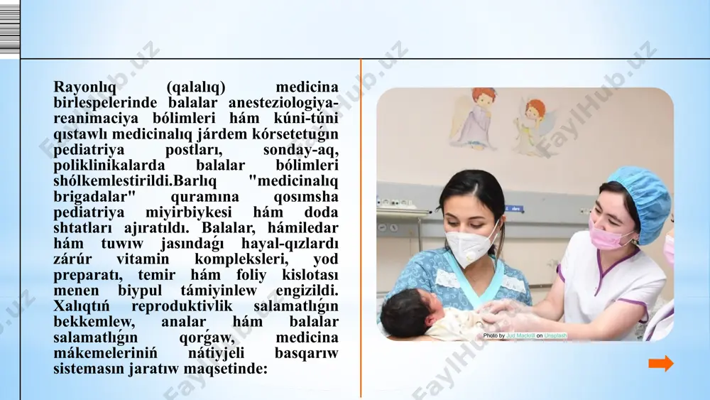 m bekkemlew baǵdarında úlken jumıslar islenbekte.ásirese, hayal-qızlardıń densawlıǵına ǵamxorlıq etiw mámleketimiz siyasatınıń tiykarǵı baǵdarlarınan birine aylandı aylanıp ketti. mámleketimizde bul baǵdarda bir qatar wazıypalar menen ilajlar belgilenip, jıldan-jılǵa hayal-qızlarǵa medicinalıq xızmet kórsetiw sapası jaqsılanbaqta, ajıratılatuǵın qarjılar da sezilerli arttırılmaqta.hayal-qızlardıń salamatlıǵı jámiettiń baylıǵı esaplanatuǵın bolsa, demek tuwılǵan kúninen baslap qızlardıń densawlıǵın saqlaw hám bekkemlew jolında global hám jergilikli kólemde turaqlı járdem hám imkaniyatlar beriliwi tábiyǵıy. keyingi jılları mámleketimizde fertil jastaǵı hayal-qızlardıń densawlıǵın tiklew maqsetinde biypul dári-dármaq hám vitaminler menen támiyinleniwi jolǵa qoyıldı qoyıldı. 2021-jılı bul wazıypalardı orınlaw ushın 30 milliard sum jumsaldi. itibarin’iz ushun raxmet! image1.png image2.png image6.png image7.png image8.png image9.jpg image10.png image11.png image12.png