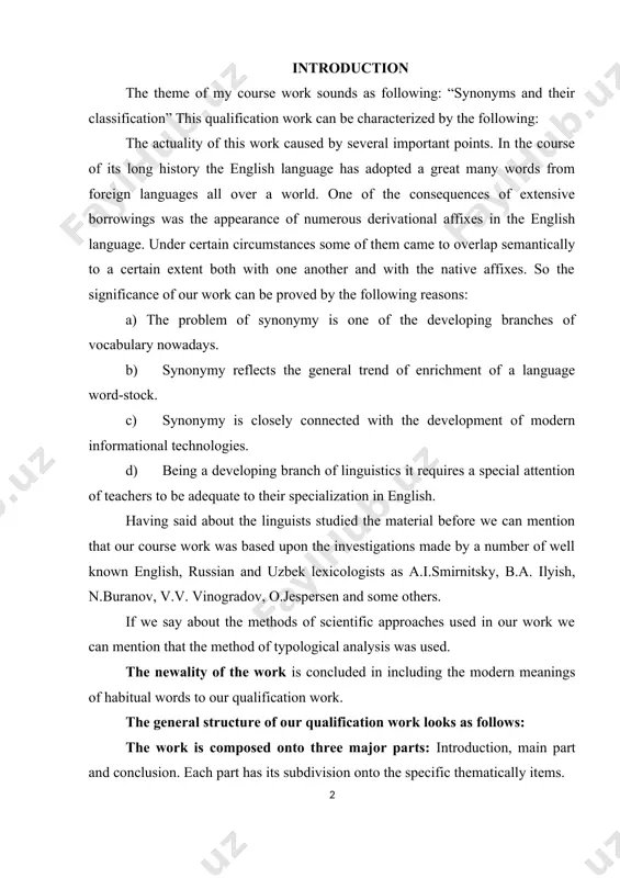 he material before we can mention that our course work was based upon the investigations made by a number of well known english, russian and uzbek lexicologists as a.i.smirnitsky, b.a. ilyish, n.buranov, v.v. vinogradov, o.jespersen and some others. if we say about the methods of scientific approaches used in our work we can mention that the method of typological analysis was used. the newality of the work is concluded in including the modern meanings of habitual words to our qualification work. the general structure of our qualification work looks as follows: the work is composed onto three major parts: introduction, main part and conclusion. each part has its subdivision onto the specific thematically items. at the end of the qualification work there is the fourth part – used literature list of the works used for preparing this paper. based on the decision of the president of the republic of uzbekistan …