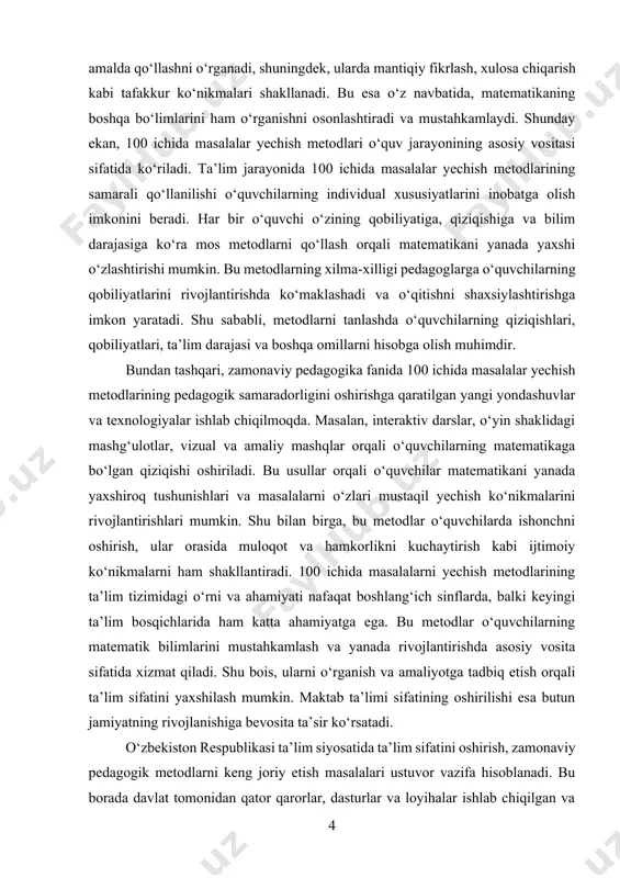 r yechish metodlari nafaqat o‘quvchilarning matematik bilimlarini yaxshilash, balki ularning umumiy rivojlanishiga ham ijobiy ta’sir ko‘rsatadi. bu metodlar o‘quvchilarning mantiqiy tafakkurini shakllantirishda, muammolarni hal qilish qobiliyatini rivojlantirishda, mustaqil fikrlash va ijodkorlik ko‘nikmalarini oshirishda muhim vositadir. shu sababli, ushbu metodlarning samaradorligini o‘rganish va ularni amaliyotda qo‘llashga oid tavsiyalar ishlab chiqish ta’lim tizimining zamonaviy talablariga javob beradi. 100 ichida masalalar yechish metodlarining o‘quvchilarga ta’siri, ularning matematik ko‘nikmalarini rivojlantirishdagi o‘rni, shuningdek, pedagogik yondashuvlarning samaradorligini oshirish uchun qo‘llaniladigan usullarni chuqur o‘rganish zarurati tug‘iladi. bu borada olib boriladigan tadqiqotlar nafaqat nazariy ahamiyatga ega, balki amaliyot uchun ham katta foyda keltiradi. shuningdek, bu metodlarning ta’lim jarayonida qo‘llanilishi o‘quvchilarning qobiliyatlarini maksimal darajada rivojlantirishga imkon yaratadi. 100 ichida masalalar yechish metodlaridan foydalanish mavzusi nafaqat matematik ta’lim sifatini yaxshilash, balki o‘quvchilarning shaxs sifatida rivojlanishiga katta hissa qo‘shadi. bu esa o‘z navbatida, mamlakatimizning ijtimoiy-iqtisodiy taraqqiyotida muhim rol o‘ynaydi. shu sababli, ushbu mavzuni chuqur o‘rganish, uni ta’lim jarayonida samarali qo‘llash uchun …