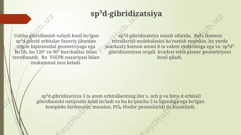 u sababli, masalan, [xef₆] birikmasida, ksenon atomining 6 ta valent bogʻlanishi hosil qilinadi, bu esa londondagi oliy kimyo instituti tomonidan tasdiqlangan. sp³d²-gibridizatsiya, oktaedrik geometriyali kompleks birikmalarga xos boʻlib, masalan, [sf₆] birikmasida oltingugurt atomining 3p, 3s va 3d orbitalarining aralashuvi natijasida hosil boʻladi. e'tiboringiz uchun rahmat @taqdimot_robot