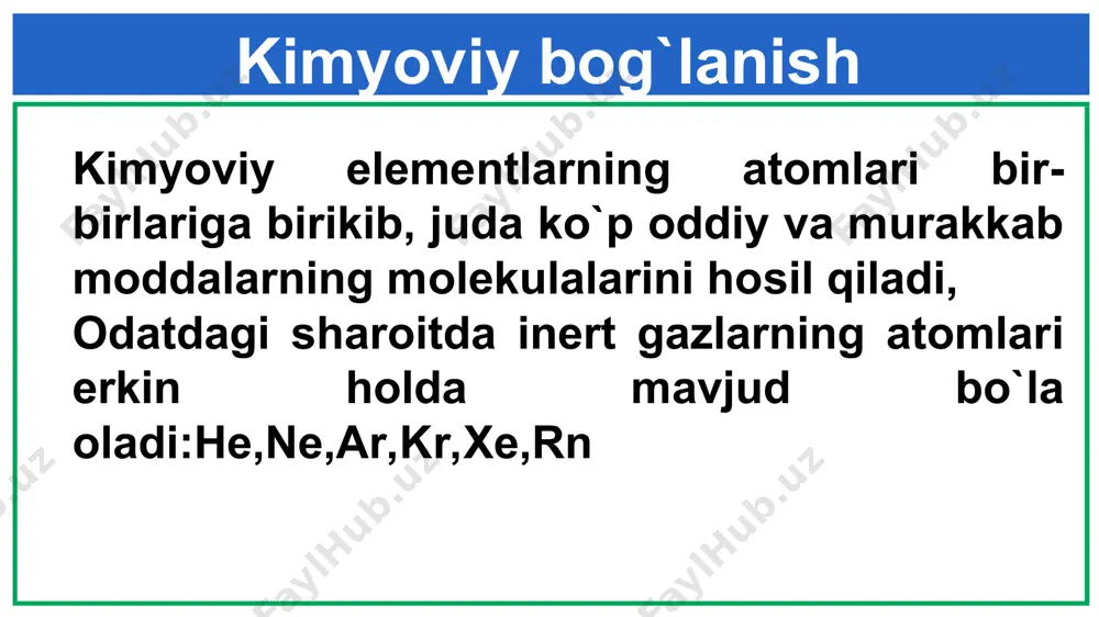 elektromanfiylik (nem)qiymatlaridan foydalaniladi. nem tushunchasi 1932-yilda poling tomonidan fangga kiri nem qiymatlari litiyga nisbatan aniqlanadi. (nem(li)=0.98=1 ga teng) nem qiymati eng kattasi f-4.1; nem qiymati kichik elementcs-0.79 elementlarning nisbiy elektromanfiylik jadvali ia iia iiia iva va via viia h 2,10 li 0,97 be 1,47 b 2,01 c 2,50 n 3,07 o 3,50 f 4,10 na 1,01 mg 1,23 al 1,47 si 2,25 p 2,32 s 2,60 cl 2,83 k 0,91 ca 1,04 ga 1,82 ge 2,02 as 2,10 se 2,48 br 2,74 rb 0,89 sr 0,99 in 1,49 sn 1,72 sb 1,82 te 2,01 i 2,21 cs 0,86 ba 0,97 tl 1,44 pb 1,55 bi 1,67 po 1,76 at 1,90 elementlarning nisbiy elektromanfiyligi kimyoviy elementlar davriy sistemasida davr bo`ylab elementning tartib raqami ortishi bilan nem qiymatlari ortadi. kimyoviy elementlar davriy sistemasida guruh bo`ylab elementning tartib raqami ortishi bilan nem qiymatlari kamayadi