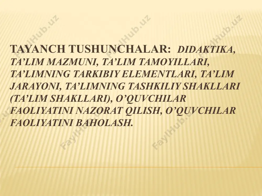 siy qoidasi. 1. nazariya, ta’limot, fan va shu kabilarning asosiy qonun qoidasi; faoliyat uchun asos qilib olingan qonun –qoida. 2/ kishi og’ishmay amal qiladigan qoida, nuqtai nazar, qarash, maslak. ta’lim tamoyillari ta’lim nazariyasining asosiy yetakchi qoidalari bo’lib, o’qitish asosidagi ta’lim va uni tashkil etish jarayonini tashkil etish mazmuni, shakli, metodi, vositalari tanlanishini belgilaydigan boshlang’ich asoslar hisoblanadi. konseptual jadval ta’lim qonuniyatlari va tamoyillari ta’lim qonuniyatlari – ta’lim jarayonida ro’y beradigan hodisalar o’rtasidagi o’zaro bog’lanishlar, ularning mohiyatini ifodalovchi shart-sharoit, asos. ta’lim tamoyillari ta’lim nazariyasining asosiy yetakchi qoidalari bo’lib, o’qitish asosidagi ta’lim va uni tashkil etish jarayonini tashkil etish mazmuni, shakli, metodi, vositalari tanlanishini belgilaydigan boshlang’ich asoslar hisoblanadi. ta’lim qonuniyatlari quyidagilardan iborat: 1) ta’lim omillari, shart-sharoitlari va natijalari o’rtasida o’zaro aloqadorlikning mavjudligi; 2) ta’lim jarayonining ijtimoiy omillar, jamiyat ehtiyojlari bilan bog’liqligi; 3) ta’lim, rivojlanish va tarbiyaning o’zaro birligi; 4) har qanday ta’lim jarayonida o’qituvchi, o’quvchi va o’rganilayotgan ob’ektlar o’rtasidagi o’zaro ta’sirning talab etilishi; …