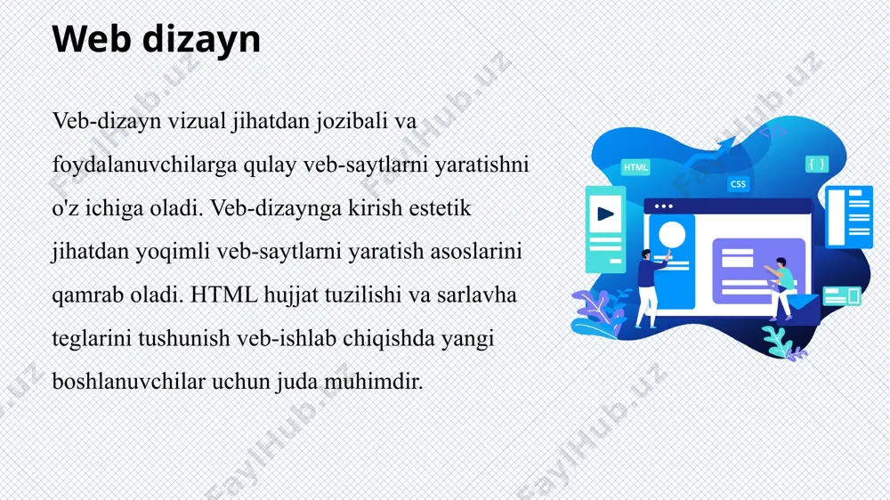 ish juda muhimdir. html hujjatning tuzilishi veb-dizaynda html hujjat tuzilishini tushunish juda muhimdir. bu yaxshi tashkil etilgan va vizual jozibali veb-sayt uchun asos yaratadi. html hujjatlarida aniq va mantiqiy tuzilishga ega bo'lish nafaqat foydalanuvchi tajribasini yaxshilaydi, balki qidiruv tizimini yanada optimallashtirishga ham hissa qo'shadi. html (hypertext markup language) veb-sahifalarni yaratish uchun ishlatiladigan standart markaziy til bo'lib, brauzerlarga veb-sahifalarni ko'rsatish uchun kerak bo'lgan tarkibiy elementlarni belgilovchi formalizm sifatida ishlaydi. html-ni tuzish uchun quyidagi asosiy qoidalarga amal qilinadi: teglar (tags): html teglaridan foydalanilgan. ular brauzerlarga veb-sahifaning qanday ko'rinishi kerakligini aytadi. teglar o'zgaruvchan va o'zaro bo'g'liq bo'lib, ochiladigan ( ) va yopiladigan ( ) qismatlardan iborat. elementlar: teglar elementlarga aylanadi va ular veb-sahifalardagi kontentning strukturasi va turini belgilaydi. misol uchun, tegi matn paragrafini, tegi rasmni ko'rsatadi. 3. atributlar: atributlar teglar bilan birga ishlatiladi va ular veb-sahifaning davlatini belgilaydi. atributlar, teglar va uning qanday ko'rinishda ko'rsatilishi kerakligini belgilaydi. misol uchun, da src va alt …