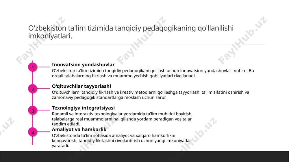 hun innovatsion pedagogik metodlar, texnologiyalar va o'qitish shakllarini kengaytirish muhim. bu orqali o'quvchilarning analitik va muammo hal qilish qobiliyatlari rivojlanadi. 2 ta'lim siyosati va dasturlar davlat ta'lim siyosati va dasturlarida tanqidiy fikrlashni rivojlantirishga qaratilgan aniq strategiyalar va standartlar joriy etilishi muhim ahamiyatga ega. bu esa tizimda uzluksiz rivojlanishni ta'minlaydi. 3 ustozlar va o'quvchilar hamkorligi ustozlar va o'quvchilar o'rtasida faol muloqot va hamkorlikni rivojlantirish, tanqidiy fikrlashni qo'llash uchun muhim omil hisoblanadi. bu yondashuv o'quv jarayonini yanada samarali va ijodiy qiladi. tanqidiy fikrlashni rivojlantirish uchun innovatsion pedagogik yondashuvlar. 1 innovatsion metodlar - tanqidiy fikrlashni rivojlantirish uchun innovatsion pedagogik yondashuvlar yangi texnologiyalar, kreativ metodlar va interaktiv usullarni o'z ichiga oladi. bu yondashuvlar o'quvchilarning muammolarni tahlil qilish va mustaqil fikrlash ko'nikmalarini oshiradi. 2 o'yin va simulyatsiyalar - o'yinlar va simulyatsiyalar yordamida talaba muhitni faol yaratadi, bu esa fikrlash jarayonini qiziqarli va amaliy qiladi. bu usul kreativ va kritikal fikrlashni mustahkamlaydi. 3 texnologiya integratsiyasi - …