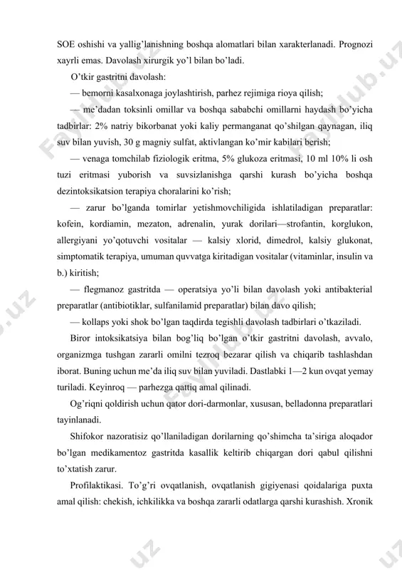 onna preparatlari tayinlanadi. shifokor nazoratisiz qo’llaniladigan dorilarning qo’shimcha ta’siriga aloqador bo’lgan medikamentoz gastritda kasallik keltirib chiqargan dori qabul qilishni to’xtatish zarur. profilaktikasi. to’g’ri ovqatlanish, ovqatlanish gigiyenasi qoidalariga puxta amal qilish: chekish, ichkilikka va boshqa zararli odatlarga qarshi kurashish. xronik infeksiya o’choqlarini, hazm organlarining boshqa kasalliklarini o’z vaqtida davolash, kasbkorga taalluqli omillarga qarshi kurashish. odatda, o’tkir gastrit davolash ta’siri ostida birmuncha tez (2—3 sutkada) sog’ayish bilan yakunlanadi, biroq o’z vaqtida davo qilinmaganda yoki bemor davo rejimini buzganda (yoqmaydigan ovqatlar yeyish, ichkilikni iste’mol qilish) gastrit xronik turga o’tadi, qorinni to’lib ketganidek his qilish, to’sh ostidagi og’irlik kasallikning boshlang’ich simptomlaridan hisoblanadi. surunkali gastritlar surunkali gastrit me’daning surunkali distrofik yallig’lanishi bo’lib, unda me’daning shira ajratishi va harakat qilishi buziladi. surunkali gastrit ovqat hazm qilish a’zolari orasida yetakchi o’rinni egallaydi. etiologiyasi. rivojlanish sabablari ko’p, aksariyat hollarda bir necha sabablarga ko’ra rivojlanishi mumkin: — ekzogen sabablar; — endogen sabablar. surunkali gastritning kelib chiqishida ekzogen sabablarga 1982- …