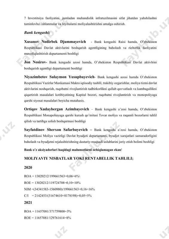 shtirishni amalga oshirish. bank kengashi; xusanov nodirbek djummayevich - bank kengashi raisi hamda, o’zbekiston respublikasi davlat aktivlarini boshqarish agentligining baholash va rieltorlik faoliyatini muvofiqlashtirish departamenti boshligi jon nosirov- bank kengashi azosi hamda, o’zbekiston respublikasi davlat aktivlrini boshqarish agentligi departamenti boshligi niyazimbetov sulaymon yusupbayevich- bank kengashi azosi hamda o’zbekiston respublikasi vazirlar maxkamasi makro iqtisodiy tashlil, trakibiy ozgarishlar, moliya tizmi davlat aktivlarini noshqarish, raqobatni rivojlantirish tadbirkorlikni qullab quvvatlash va kambagallikni qiqartirish masalalari kotibiyatining kapital bozori, raqobatni rivojlantirish va monopoliyaga qarshi siyosat masalalari boyicha mutahasis. ortiqov xudaybergan azimbayevich – bank kengashi a’zosi hamda, o’zbekiston respublikasi monapoliayaga qarshi kurash qo’mitasi tovar moliya va raqamli bozorlarni tahlil qilish va tartibga solish boshqarmasi boshligi sayfutdinov sherxon safarbayevich – bank kengashi a’zosi hamda, o’zbekiston respublikasi moliya vazirligi davlat byudjeti departamenti, byudjet xarajatlari samaradorligini baholash va byudjetni rejalashtirishning dasturiy-maqsadi uslublarini joriy etish bolimi boshligi bank o’z aksiyadorlari haqidagi malumotlarni ochiqlamagan ekan! moliyaviy nisbatlar yoki rentabellik tahlili; 2020 roa …