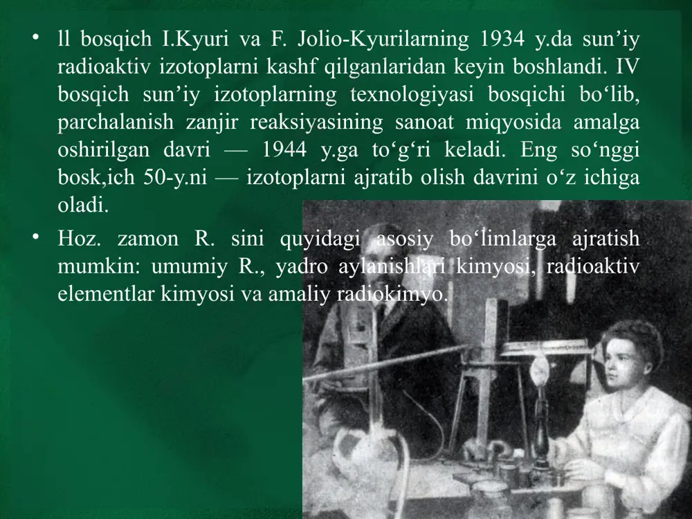 1955 258 53 kun 102 nobeliy no 1963 – 66 255 3 daqiqa 103 lourensiy lr 1963 – 66 256 60 soniya 104 kurchatoviy[1] ku 1964 261 70 soniya 105 nilsboriy[2] ns 1970 261 2 soniya 106 siborgoviy sg 1974 259 0.01 soniya 107 boriy bh 1976 261 0.01 soniya ma’lumki, radioaktiv yemirilish qonuni ko’rinishga ega, bu yerda no – radioaktiv elementdagi boshlang’ich yadrolar soni, n – yemirilishdan keyingi qolgan yadrolar soni, t – radioaktiv elementning yarim yemirilish davri, t – yemirilish davom etadigan vaqt. agar radioaktiv elementning yarim yemirilish davri qanchalik katta bo’lsa, yemirilish ehtimoli shunchalik kichik bo’ladi va n=no shart bajariladi. yuqoridagi formulada radioaktiv elementning yarim yemirilish davri juda katta, ya’ni t→∞ deb olinsa ham n=no hosil bo’ladi. t t n n - = 2 o