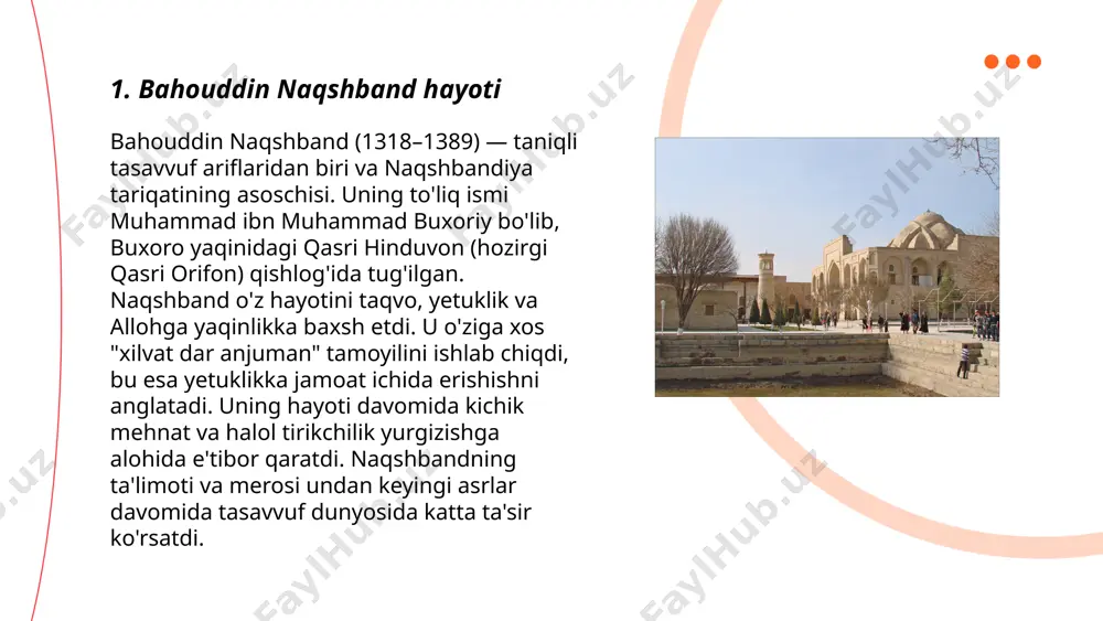 n ortiq obidalar va maqbaralar mavjud bo'lib, asosan, imom va avliyolar yodgorliklaridir. ziyoratlar bahor va kuz fasllarida, ramazon va qurbon hayitlari davrida ko'proq amalga oshiriladi. har yili minglab odamlar bu joylarga yod oladi. ziyorat paytida 50 ga yaqin marosimlar, jumladan, duolar va sadaqa berish amalga oshiriladi. bu an'analar jamoatni birlashtirib, ma'naviy boylikni oshiradi. ... t.me/slaydai_bot 7. bahouddin naqshband haqiqatlari bahouddin naqshband (1318-1389) buxoroda tug‘ilgan va naqshbandiya tariqatining asoschisi bo‘lgan. naqshbandiya tariqati markaziy osiyo, hindiston va turkiyada tarqalib, ko‘plab izdoshlar to‘plagan. uning tavallud sanasi 1318-yil ekanligi hisoblanadi va uning hayoti davomida naqshbandiya tariqatining asoslari, jumladan, "dil-ba-yor, dast-ba-kor" ("yurak xudo bilan, qo‘l ish bilan") falsafasi shakllangan. bahouddin naqshband buxorodagi qadimiy xokona va mozorlarni butunlay yangilagan. u minglab shogirdlar tarbiyalab, diniy va ma'naviy bilimlarni ilgari surishga katta hissa qo‘shgan. u 1389-yilda vafot etgan. ... t.me/slaydai_bot axloqiy ta'limotlar insoniyat tarixida muhim o'rin tutadi. bu ta'limotlar odatda xalqlar va madaniyatlar tomonidan ishlab chiqilgan qadriyatlar tizimini …
