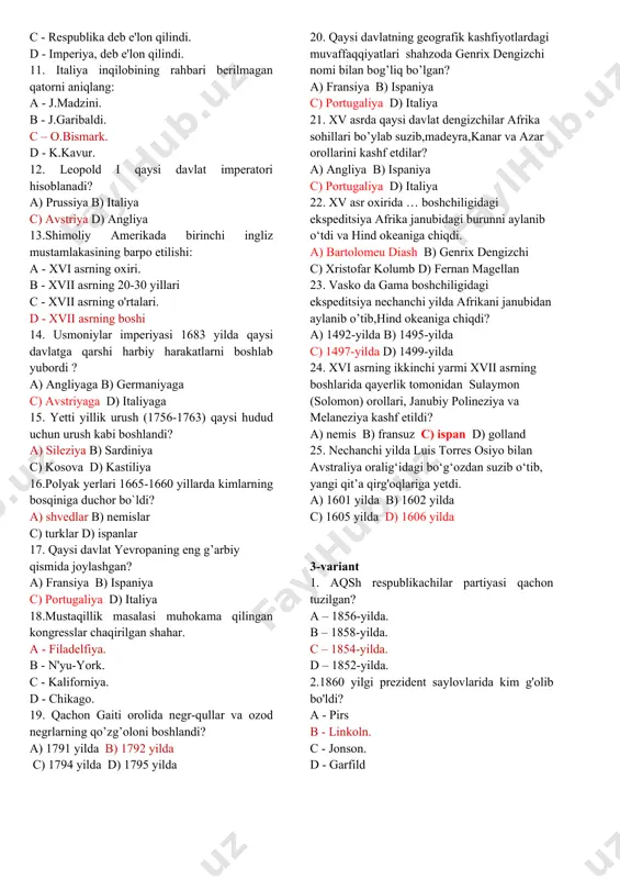 tuzishdan maqsad... a - yevropada inqilobga qarshi kurash. b. - yevropa mamlakatlarini birlashtirish. c - yevropada monarxiyani saqlab qolish. d - yevropa davlatlari va xristian diniga muvofiq bir birini qo'llab quvvatlash. 2. angliyada «ishchi ittifoqlari to'g'risida» qonun.-. a – 1822 yilda qabul qilindi. b - 1825 yilda qabul qilindi. c – 1827 yilda qabul qilindi. d – 1830 yilda qabul qilindi. 3.«sving» a - ingliz ishchilarining norozilik harakati. b - dehqonlarning yer egalariga qarshi harakati. c - fermerlarning lendlordlarga qarshi harakati. d - batraklar harakati. 4.angliyada sanoat to'ntarilishining nihoyasiga yetishi: a - xvii asrning 40-50 yillari. b - xix asrning 30-40 yillari. c - xvii asrning 30-40 yillari. d - xix asrning 20-30 yillari. 5. qaysi davlatda 1848 yil kоnstitutsiyasi хususiy mulkni daхlsiz dеb e’lоn qildi? a) angliyada b) germaniyada c) fransiyada d) italiyada 6. nechanchi yilda yevrоpada iqtisоdiy inqirоz boshlanadi? a) 1845 yilda b) 1847 yilda c) 1849 yilda …