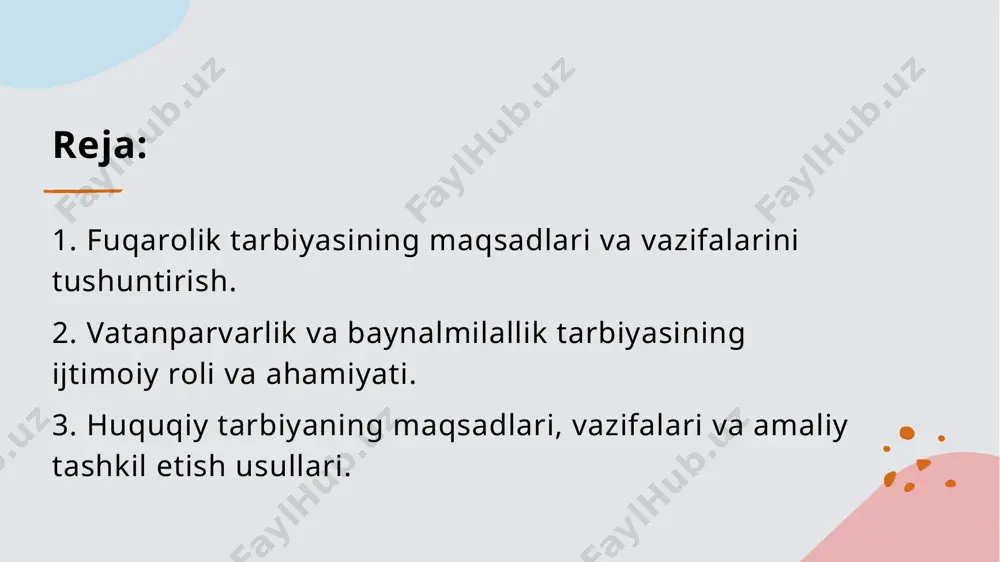 , yoshlar ongiga jamiyat uchun muhim bo‘lgan an’analarning ahamiyatini singdiradi. baynalmilallik yoshlarni global muhitda hamkorlik, tushunish va tolerantlikni rivojlantirishga o'rgatadi, bu esa xalqaro munosabatlarni mustahkamlaydi. vatanparvarlik yoshlarni milliy qadriyatlar, tarix va madaniyatga hurmat bilan qarashga o'rgatadi, ularni mustaqil va mas'uliyatli fuqaro qilishni ta'minlaydi. vatanparvarlik yoshlarni milliy qadriyatlar, tarix va madaniyatga hurmat bilan qarashga o'rgatadi, ularni mustaqil va mas'uliyatli fuqaro qilishni ta'minlaydi. fuqarolik tarbiyasining maqsadlarini aniqlashda madaniyat va tarixning o‘rni. 01 madaniyat va tarixning roli madaniyat va tarix fuqarolarning qiyofasini shakllantiradi, milliy ong va identifikatsiya uchun muhim asos bo‘lib, vatanparvarlikni rivojlantiradi. 02 milliy qadriyatlar va identifikatsiya tarixiy voqealar va madaniyat orqali yoshlar milliy qadriyatlarni o‘zlashtiradi, bu esa ularning mamlakatga bo‘lgan sadoqati va mas'uliyatini oshiradi. 03 tarix va madaniyatning o‘rganilishi tarix va madaniyat bilan tanishish orqali yoshlar ijtimoiy mas’uliyat, tolerantlik va huquqiy ongni rivojlantiradi, milliy birlikni mustahkamlaydi. fuqarolik tarbiyasini amalga oshirishda asosiy vazifalar va strategiyalar. 1 maqsad va vazifalarni belgilash - fuqarolik …