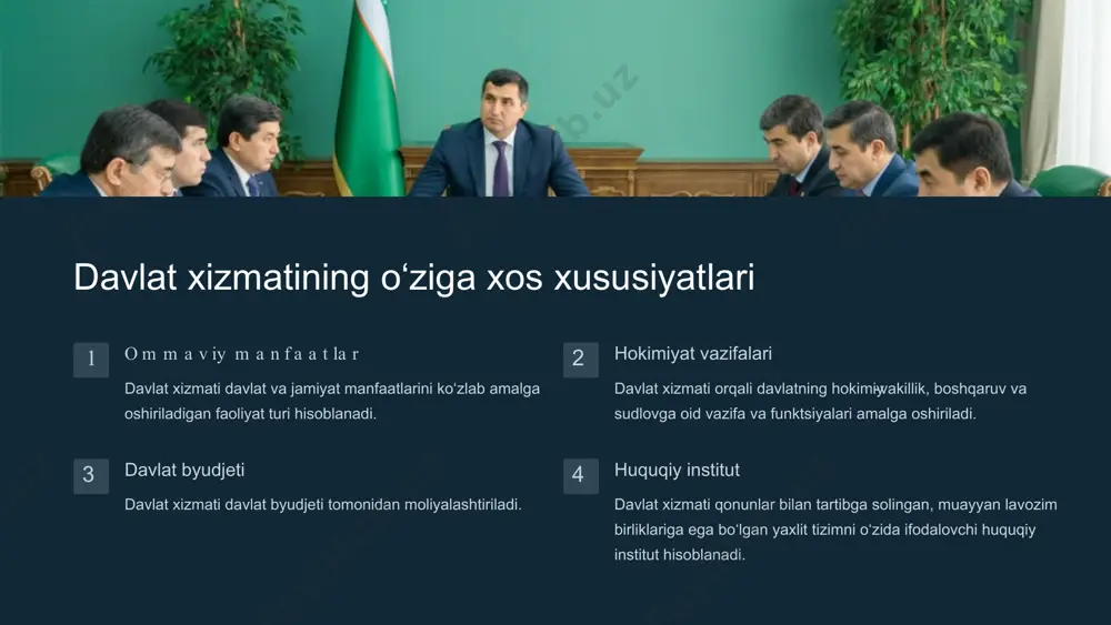 ajribasi zarur hisoblanadi. 3 uzluksiz taʼlim davlat xizmatchilari muntazam ravishda oʻz malakalarini oshirib borishlari lozim. 4 axloqiy meʼyorlar davlat xizmatchilari yuqori axloqiy standartlarga rioya qilishlari talab etiladi. davlat xizmatining huquqiy a s o s la r in i t a k o m illa s h t ir is h q o n u n c h ilik davlat xizmatini tartibga soluvchi yangi qonunlar qabul qilinmoqda va mavjudlari takomillashtirilmoqda. prezident farmonlari prezident farmonlari orqali davlat xizmati tizimida islohotlar amalga oshirilmoqda. islohotlar davlat xizmati tizimini yanada takomillashtirish boʻyicha keng koʻlamli islohotlar oʻtkazilmoqda. davlat xizmatining xalqaro aloqalari d ip lo m a t ik x iz m a t oʻzbekistonning chet davlatlardagi diplomatiya vakolatxonalari boshliqlari va xodimlari davlat xizmatining muhim qismini tashkil etadi. xalqaro hamkorlik davlat xizmati sohasida xalqaro tajriba almashish va hamkorlik aloqalari rivojlantirilmoqda. xalqaro standartlar davlat xizmatini tashkil etishda xalqaro standartlar va ilgʻor tajribalar inobatga olinmoqda. davlat xizmatining a x …