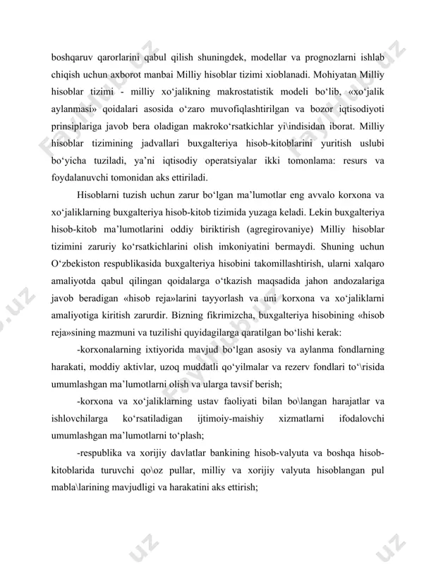 na yo‘li buxgalteriya hisobini ko‘rsatkichlarini bir xil asosga keltirishdir. bu o‘z navbatida mamlakat moliyaviy holatini obyektiv baholashda muhim ahamiyat kasb etadi. bundan tashqari ko‘rsatkichlar tizimini yaratish uchun sharoit tayyorlaydi. xorijiy mamlakatlar tajribasi ko‘rsatishicha, milliy hisoblar tizimini joriy qilish uchun buxgalteriya hisob-kitoblarini, statistika ma’lumotlarini turli yo‘llar bilan olish mumkin: buxgalteriya va statistika hisobotlarini shakllarini berish orqali; iqtisodiy ro‘yxatga olishlarni o‘tkazish orqali; tanlanma tekshirish o‘tkazish orqali va xokazolar. ko‘p hollarda tanlanma tekshirishlar ma’lumotlarni kam harajatlar va eng qisqa muddatlarda olish imkoniyatini beradi. kelgusida ayniqsa uy xo‘jaliklari va yakka tartibda mehnat faoliyati bilan shu\ullanuvchilar xaqida maxalliy boshqaruv organlari va boshqalar xaqidagi ma’lumotlarni to‘plashda ularning qo‘llanishi kengayishi zarurdir. lekin yalpi hisob berishdan tanlanma tekshirishga o‘tish extiyotlik bilan muhim ma’lumotdan va uning ishonchliligini yo‘qotmasdan va dinamik qatorlarni ketma-ketligini ta’minlagan holda shu usulga o‘tish asosiy shartdir. o‘zbekiston respublikasida milliy hisoblar tizimini keng miqyosda joriy qilish, amalda bo‘lgan buxgalteriya hisobotlari tizimi va boshlan\ich hisobni tubdan qayta qurishni …