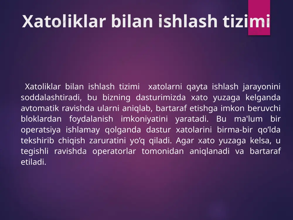 atch (exception e) //xatolikni aniqlash. { console.writeline("xatolik:{0}",e); } console.readkey(true); } }} ushbu dasturni ishga tushirib 24 tadan kam belgi kiritsak dasturda istisno ro’y bermaydi. lekin 24 tadan ko’p belgi kiritsak xatolik kelib chiqadi va dastur xatolik haqida xabar beradi. natija: ko’rinib turibdiki dasturda biz yaratgan xatolik aniqlandi. ya’ni, matndagi belgilar soni 24 tadan oshib ketti. xuddi shu usulda throw operatoridan foydalangan holda biz har xil xatoliklarni yaratishimiz mumkin mumkin. e’tiboringiz uchun rahmat! image2.png image3.png image4.png image5.png image6.png image7.png image8.png /docprops/thumbnail.jpeg
