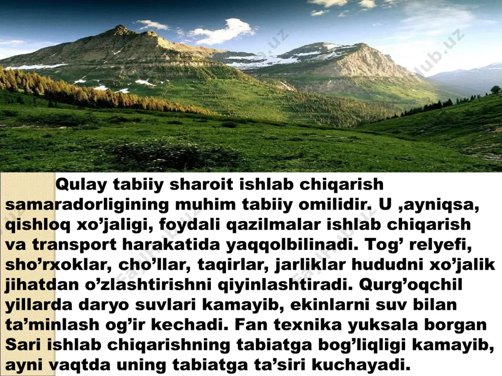 otining xomashyoga va yoqilg’iga bo’lgan ehtiyoji to’xtovsiz oshib bormoqda. ko’pgina korxonalar har yili eng katta shaharlar aholisi iste’mol qiladigan suvdan ko’proq suvni “ichib” qo’ymoqda. qishloq xo’jaligi ham ko’p suv talab. ayrim sanoat rayonlari, toshkent, farg’ona, navoiy kabi shaharlar hududida hosil bo’layotgan tabiiy kislorod ular ehtiyojini qondira olmayotir. holbuki, kislorod manbai bo’lgan o’simliklar o’nlab yillarda tiklanadi. tuproq boyliklari esa undan ham sekin tiklanadi. insonning tabiatga ta’siri ortishi bilan ekologik muammolar yuzaga kelmoqda. o’zbekiston yerosti boyliklari bizning faxrimiz. o’zbekiston yerusti tuzilishi betakror, hududi g’arbdan sharqqa, shimoldan janubga cho’zilgan. shunga monand tabiati ham, boyliklari ham xilma-xil. bu yerda mendeleyv davriy sistemasidagi deyarli barcha elementlar topiladi. tiklanmaydigan boyliklardan oqilona foydalanishning asosiy shartlari quyidagilardan iborat; konlardan qazilmalarni to’liq qazib olish; geologik qidiruv ishlarini tadrijiy davom ettirish; mahsulot birligiga sarf bo’ladigan xomashyo va yoqilg’ini tejaydigan texnika va texnologiyani qo’llash barcha qimmatli moddalardan majmuali- mukammal foydalanish; atrof-muhitning buzilishiga yo’l qo’ymaslik;