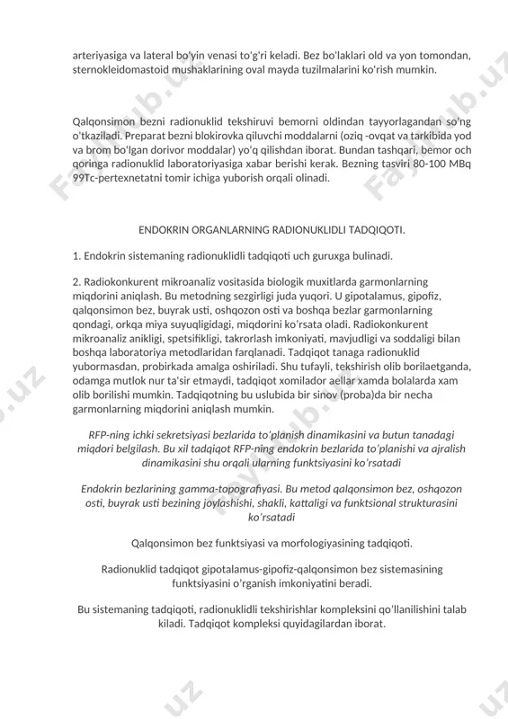 qonsimon orqa bez joylashgan. ko'ndalang skanerlashda (iii.247 -rasmga qarang), bez o'rta chiziqqa nisbatan nosimmetrik joylashgan shakllanish sifatida ta'riflanadi, uning har bir bo'lagi oval shakilda bo'ladi. ko'ndalang sonogrammalarda qalqonsimon bez aniq ko'rinib turadi, bu aniq chiziq hosil qiladigan ikkita chiziqli tuzilmani aniqlaydi. qalqonsimon bezning har bir bo'lagining orqasida va yon tomonida umumiy uyqu arteriyasiga va lateral bo'yin venasi to'g'ri keladi. bez bo'laklari old va yon tomondan, sternokleidomastoid mushaklarining oval mayda tuzilmalarini ko'rish mumkin. qalqonsimon bezni radionuklid tekshiruvi bemorni oldindan tayyorlagandan so'ng o'tkaziladi. preparat bezni blokirovka qiluvchi moddalarni (oziq -ovqat va tarkibida yod va brom bo'lgan dorivor moddalar) yo'q qilishdan iborat. bundan tashqari, bemor och qoringa radionuklid laboratoriyasiga xabar berishi kerak. bezning tasviri 80-100 mbq 99tc-pertexnetatni tomir ichiga yuborish orqali olinadi. endokrin organlarning radionuklidli tadqiqoti. 1. endokrin sistеmaning radionuklidli tadqiqoti uch guruxga bulinadi. 2. radiokonkurеnt mikroanaliz vositasida biologik muxitlarda garmonlarning miqdorini aniqlash. bu mеtodning sеzgirligi juda yuqori. u gipotalamus, gipofiz, qalqonsimon bеz, …