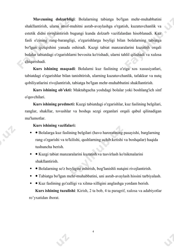 acha yoshdagi bolalar yoki boshlang'ich sinf o'quvchilari. kurs ishining predmeti: kuzgi tabiatdagi o'zgarishlar, kuz faslining belgilari, ranglar, shakllar, tovushlar va boshqa sezgi organlari orqali qabul qilinadigan ma'lumotlar. kurs ishining vazifalari: 1. ⦁ bolalarga kuz faslining belgilari (havo haroratining pasayishi, barglarning rang o'zgarishi va to'kilishi, qushlarning uchib ketishi va boshqalar) haqida tushuncha berish. 1. ⦁ kuzgi tabiat manzaralarini kuzatish va tasvirlash ko'nikmalarini shakllantirish. 1. ⦁ bolalarning so'z boyligini oshirish, bog'lanishli nutqini rivojlantirish. 1. ⦁ tabiatga bo'lgan mehr-muhabbatini, uni asrab-avaylash hissini tarbiyalash. 1. ⦁ kuz faslining go'zalligi va xilma-xilligini anglashga yordam berish. kurs ishining tuzulishi: kirish, 2 ta bob, 4 ta paragrif, xulosa va adabiyotlar ro’yxatidan iborat. i. bob. kuzgi tabiatning o’ziga xosliklari va uni kuzatishning ilmiy nazariy asoslari. 1.1 katta va tayyorlov guruhlarida tabiat manzaralarini kuzatish orqali bolalarni tabiat bilan tanishtirish usullari. bolalar bog’chasida bolalarni tabiat bilan tanishtirish jarayonida turli melodlardan foydalaniladi. tabiat bilan tanishtirish metodlari uchta asosiy guruhga bo’linadi: ko’rgazmali …