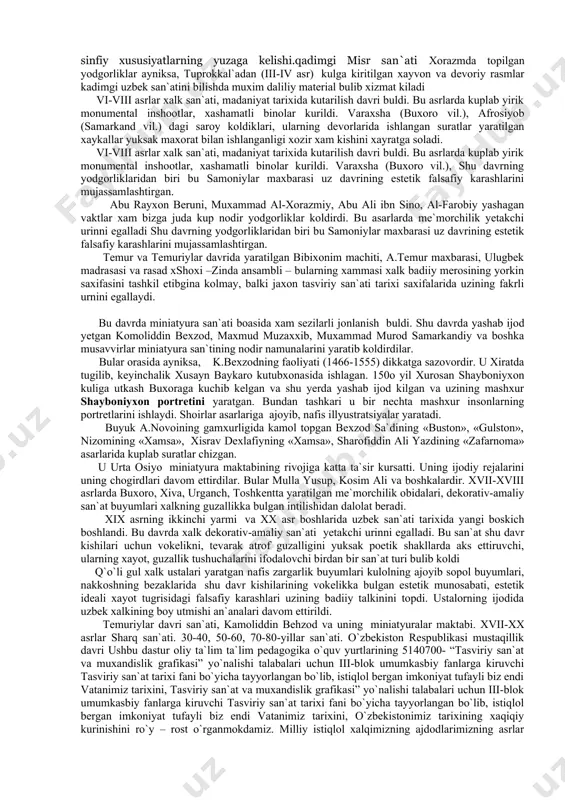 dan kuplab topilgan. bu suratlarning nigatikasi juda chegaralangan. asosan xayvonlar tasviri yoki ov manzaralari in`ikos etgan. shu bilan birga uy xayvonlari xam tasvirlangan bu tasvirlar ibtidoiy jamoa tuzumidagi utrok xolda xayot kechirayotgan odamlarning tevarak-atrofni uziga buysindirish, ular tafakkurining tarakkiy etib borayotganini tushinishda muxim rol uynaydi eramizdan avvalgi asrning oxirlari va yangi eraning boshlarida o`zbekistonla kulolchilik borasida jiddiy rivojlanish sezildi. turli shakldagi xum va kuzachalar kulda bajarilgan. ularning tashki bezagiga e`tibor berilganligi seziladi. keyinchalik xum yuzasi chizikli nakshlar bilan bezatila boshlagan. bu davrlarda oltindan, kumushdan bezak va amaliy buyumlar ishlash san`ati xam keng tarkala boshlagan. tasviriy san`atda xam mavzu kengaya borgan. bu urinda yuz manzaralarini aks ettiruvchi burtma tasvirlar, jangchilar obrazi dikkatga sazovordir. kuldorlik davrida xam o`rta osiyoda san`atga kizikish kuchli bulgan. boylarning uyi, ibodatxona devorlari suratlar, nakshlar bilan bezatilgan eramizning boshlariga kelib, iktisodiy jixatdan bir muncha ilgari siljish yuz bera boshladi, shaxarlar kurilishi jonlandi. bu davr san`atida grek san`atining ta`siri …