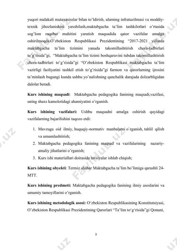 gacha pedagogika fanining ilmiy asoslarini va umumiy tamoyillarini o’rganish. kurs ishining metodologik asosi: o‘zbekiston respublikasining konstitutsiyasi, o’zbekiston respublikasi prezidentining qarorlari “ta’lim to‘g‘risida”gi qonuni, vazirlar mahkamasining tegishli qarorlari, “o’zbekiston respublikasi maktabgacha ta’lim vazirligi faoliyatini tashkil etish to’g’risida”gi farmon,sohaga oid qarorlar,farmonlar. kurs ishining metodlari: -mavzuga oid normativ me’yoriy hujjatalarni o’rganish , pedagogik tahlil, kontent tahlil, so’rov, anketa. kurs ishining tuzilishi va hajmi. kurs ishi kirish, ikki bob, to’rtta paragraf, xulosa va tavsiyalar, foydalanilgan adabiyotlar ro’yxati va ilovalardan iborat. i-bob. maktabgacha pedagogikaning tarixi 1.1 maktabgacha pedogogikaning kelib chiqish tarixi maktab uyda o'qish va yozishni o'rgangan bolalar uchun cheklangan davrda yetim bolalar yoki fabrikalarda ishlaydigan ayollarning bolalari uchun o'quv maskanini ochishga urinishlar ko'p bo'lgan. 1779-yilda iogann fridrix oberlin va luiza scheppler strassburgda ota-onalari kun davomida bo'lmagan maktabgacha yoshdagi bolalarga g'amxo'rlik qilish va o'qitish uchun dastlabki muassasaga asos solishdi. taxminan bir vaqtning o'zida, 1780-yilda, xuddi shunday chaqaloqlar muassasalari bavariyada tashkil etilgan 1802-yilda pauline zur lippe …
