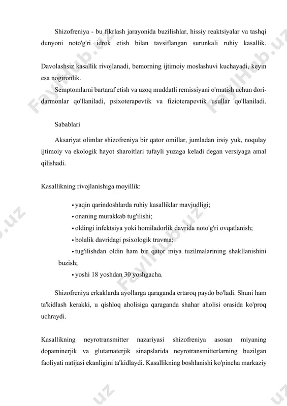 incha o'smirlik yoki yoshlik davrida paydo bo'ladi va ahmoqlik, da'vogarlik, xulq-atvor, tartibsiz fikrlash va nutqning buzilishi bilan ajralib turadi. paranoid shizofreniya eng keng tarqalgan. u yomonlashganda, ijobiy alomatlar birinchi o'ringa chiqadi. aksariyat hollarda paranoid aldanishlar va eshitish gallyutsinatsiyalari ustunlik qiladi. katatonik shakl vosita buzilishlarining ustunligi bilan tavsiflanadi. ikkinchisi orasida stupor, nutqning etishmasligi, muzlash epizodlari bo'lishi mumkin, ba'zida to'liq bo'ysunish va kasal odamga har qanday pozitsiyani berish qobiliyati (mum moslashuvchanligi), vaqti-vaqti bilan qisqa muddatli psixomotor qo'zg'alish bilan uzilib qoladi. oddiy shizofreniya asta-sekin, o'tkir psixozsiz, progressiv salbiy alomatlar bilan davom etadi. apatiya, hissiy sovuqlik, tashabbusni yo'qotish, harakat va qiziqishlar kuchayadi. bemor passiv, muloqotsiz bo'lib qoladi va "o'ziga tortiladi". belgilarning kamligi yoki aksincha, ko'pligi shizofreniyani ma'lum shakllardan biri sifatida tasniflashga imkon bermagan hollarda, u ajratilmagan deb tashxis qilinadi. ilgari gallyutsinatsiyalar va aldanishlar bilan o'tkir psixoz epizodlari bo'lgan bemorlarda qoldiq shizofreniya kuzatilishi mumkin, ular salbiy belgilarning kuchayishi bilan surunkali ruhiy kasalliklar bilan almashtirildi. shizofreniyadan …