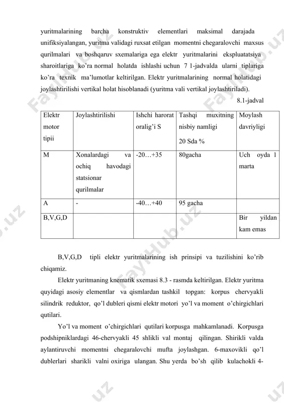 tr yuritmalar aylanish momentini 3 tomonlama chegaralovchi mufta bilan ishlab chiqariladi. ularning ish prinsipi quyidagicha: maxkamlovchi armatura ishchi organi uning «ochiq» va «yopiq» holatlarining qandaydir. oraliq holatlarida aylanish momenti maksimal qiymatida bo’lgan 44 yuritma vali to’xtaydi. bu vaqtda 46 chervyak, 42 chervyakli g’ildirak o’qiga uraladi va buni natijasida xarakatlanayotgan 1 elektr motori orqali shtitslar bo’ylab o’qning yo’nalishida xarakatlana boshlaydi. 46 – chervyakning oldinga xarakati 10 richag, 11, uk, 12 – tishli sektor, 14 va 39 vilkalar, 13, 15, 37, 38 – silindrli g’ildiraklar yordamida 25 va 26 moment kulachoklarining aylanma xarakatiga o’zgartirib beradi. ular aylanganda 24 va 36 richaglar 21 va 32 mikroalmashlab ulagichlarni quyib yuboradi va elektr motor zanjiri uziladi. m va a tiplaridagi elektr motorlari tuzilishi jixatidan b,v,g va d tipidagi elektr motorlaridan farq qiladi. ularda chervyakli reduktor o’rniga silindrli reduktor qo’llaniladi. yana bir qancha kinematik bo’g’inlarda ma’lumot o’zgarishlar bor, lekin motorlarining barcha turlarining ish prinsipi bir xil. …