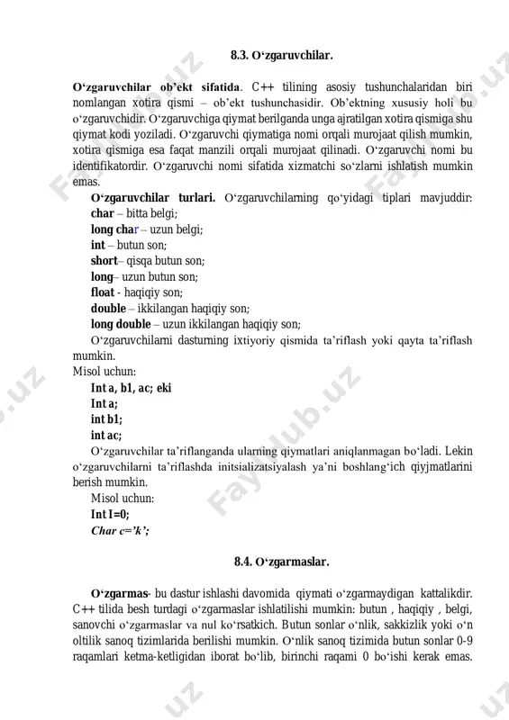 ‘ (single out) apostrof \” 0x22 “ (double quote) qo‘shtirnoq \? 0x3f ? (question mark) savol belgisi satrli o‘zgarmas. satrli o‘zgarmaslar c++ tili o‘zgarmaslariga kirmaydi, balki alohida tur hisob- lanadi. satrli o‘zgarmas bu qo‘shtirnoqqa olingan ihtiyoriy belgilar ketma-ketligidir. misol uchun “ men talabaman”. satrlar orasiga eskeyp belgilar ham kirishi mumkin. bu belgilar oldiga \ belgisi qo‘yiladi. misol uchun : “\n”. satr belgilari xotirada ketma-ket joylashtiriladi va har bir satrli o‘zgarmas oxiriga avtomatik ravishda kompilyator tomonidan ‘\0’ belgii qo‘shiladi. shunday satrning xotiradagi xajmi belgilar soni+1 baytga tengdir. ketma-ket kelgan va bo‘shlik, tabulyatsiya yoki satr oxiri belgisi bilan ajratilgan satrlar kompilyatsiya davrida bitta satrga aylantiriladi. misol uchun: “salom” “toshkent ” satrlari bitta satr deb qaraladi: “salom toshkent”. bu qoidaga bir necha qatorga yozilgan satrlar ham bo‘ysinadi. misol uchun : “o‘zbekistonga ” “bahor ” “keldi” qatorlari bitta qatorga joylashadi: “o‘zbekistonga bahor keldi”. null ko‘rsatkich. null- ko‘rsatkich yagona arifmetik bo‘lmagan o‘zgarmasdir. null ko‘rsatkich 0 …