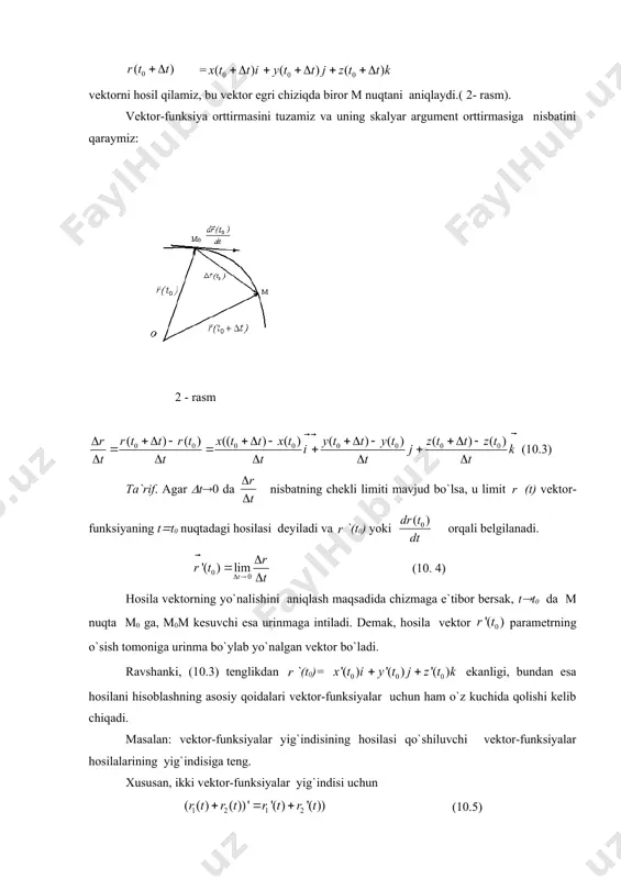 ksiya lagranj teoremasining shartlarini qanoatlantirsin deylik (21-rasm). funksiya grafigining a(a;f(a)), b(b;f(b)) nuqtalar orqali kesuvchi o`tkazamiz, uning burchak koeffitsienti bo`ladi. hosilaning geometrik ma`nosiga binoan f`(c) - bu f(x) funksiya grafigiga uning (s;f(s)) nuqtasida o`tkazilgan urinmaning burchak koeffitsienti: tg(=f`(c) demak, (1.1) formula (a,b) intervalda kamida bitta shunday c nuqta mavjudligini ko`rsatadiki, f(x) funksiya grafigiga (c;f(c)) nuqtada o`tkazilgan urinma ab kesuvchiga paralell bo`ladi. isbot qilingan (1.1) formulani boshqacha ko`rinishda ham yozish mumkin. buning uchun a<c<b tengsizliklarni e`tiborga olib, belgilash kiritamiz, u holda c=a+(b-a)(, 0<(<1 bo`lishi ravshan. natijada (1) formula ushbu f(b) - f(a) = f`(a+((b-a))(b-a) ko`rinishga keladi. agar (1) formulada a=x0; b=x0+(x almashtirishlar bajarsak, u f(x0+(x)-f(x0)=f`(c)(x (1.3) bu yerda x0 <c<x0+(x, ko`rinishga keladi. bu formula argument orttirmasi bilan funksiya orttirmasini bog`laydi, shu sababli (1.3) formula chekli orttirmalar formulasi deb ataladi. agar (1.1) lagranj formulasida f(a)=f(b) deb olsak, roll teoremasi kelib chiqadi, ya`ni roll teoremasi lagranj teoremasining xususiy holi ekan. misol. ushbu [0,2] kesmada …