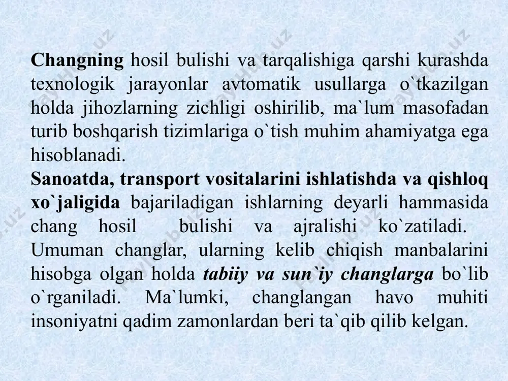 gan tutunlarni ham kiritib 30000) har xil kattalikdagi chang zarralari bulishi aniqlangan. dalalar va bog’larda bu miqdor o`n marta kamayadi, tog’li hududlarda esa undan ham kamroq chang zarralari buladi. sun`iy changlar: sanoat korxonalarida va qurilishlarda insonning bevosita yoki bilvosita ta`siri natijasida hosil buladi. masalan, mashinasozlik sanoatida cho`yan ishlab chiqaruvchi domna va marten pechlarida va hamda tosh tsexlarida, issiqlik elektrostantsiyalarida yoqilgan ko`mirning ma`lum qismi kul va tutun sifatida atmosferaga chiqarib yuboriladi. qurilish ishlarida er qazish, portlatish, tsement ishlab chiqarish, shuningdek tog’lardan ma`danlarni qazib olish va boshqa juda ko`p ishlarda ko`plab miqdorda chang ajraladiki, bu changlarni atrof-muhitga chiqarib yuborish tabiatga haloqatli ta`sir ko`rsatishi mumkin. sanoatning ba`zi bir tarmoqlarida, masalan, kimyo sanoatida shunday havfli sanoat changlari ajraladiki, ularni tozalamasdan chiqarib yuborish fojiali holatlarni vujudga keltiradi. kelib chiqishi buyicha organik, mineral va aralashma changlar mavjud. changning zararli ta`sirining tavsifi asosan uning kimyoviy tarkibiga bog’liq. changning kattaligi (ya`ni dispers tarkibi) buyicha uch guruxga bo`lib qaraladi: …