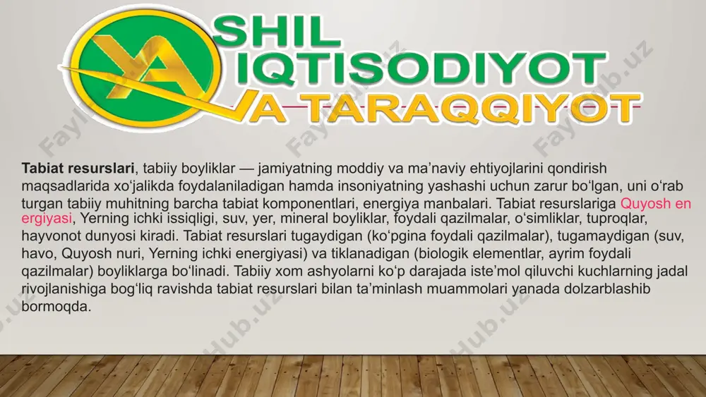 iklanadigan deb hisoblanadi, chunki organik moddalar qayta o'stirilishi yoki to'ldirilishi mumkin, bu uni barqaror energiya manbai qiladi. biomassa issiqlik, elektr energiyasi va hatto etanol va biodizel kabi bioyoqilg'i ishlab chiqarish uchun ishlatilishi mumkin. bu, ayniqsa, boshqa qayta tiklanadigan manbalar kamroq foydalanish mumkin bo'lgan hududlarda foydalidir. 6 gidroenergetika gidroenergetika yoki gidroenergetika, oqayotgan suv energiyasidan foydalanish orqali elektr energiyasini ishlab chiqaradi. suv oqimini nazorat qilish va energiya ishlab chiqaradigan turbinalarni haydash uchun ko'pincha daryolarda to'g'onlar quriladi. bu qayta tiklanadigan energiyaning eng qadimiy va keng qoʻllaniladigan turlaridan biri boʻlib, ishonchli elektr energiyasi manbai hisoblanadi. geotermal energiya manbalari: bu energiya yerning yadrosidan kelib chiqadi, u erda issiqlik radioaktiv materiallarning parchalanishi va sayyora shakllanishidan qolgan issiqlik hosil bo'ladi. ilovalar: geotermal energiya to'g'ridan-to'g'ri binolarni isitish yoki geotermal elektr stantsiyalarida elektr energiyasini ishlab chiqarish uchun ishlatilishi mumkin. bu ko'p qirrali va barqaror energiya manbai. shamol energiyasi shamol energiyasi shamolning kinetik energiyasini elektr energiyasiga aylantiradigan shamol turbinalari tomonidan …