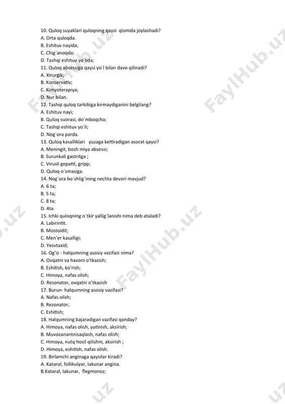 a, nafas olish; d. resonator, ovqatni o’tkazish 17. burun- halqumning asosiy vazifasi? a. nafas olish; b. rezonator; c. eshitish; 18. halqumning bajaradigan vazifasi qanday? a. himoya, nafas olish, yutinish, aksirish; b. muvozanantnisaqlash, nafas olish; c. himoya, nutq hosil qilishni, aksirish ; d. himoya, eshitish, nafas olish. 19. birlamchi anginaga qaysilar kiradi? a. kataral, follikulyar, lakunar angina. b.kataral, lakunar, flegmonoz; c.kataral, zamburug`li angina; d. kataral, lakunar, gangremoz; 20. halqum necha qismdan iborat? a. 3 ta; b. 2 ta; c.4 ta; d.1 ta. 22. bodomcha bezlarining bajaradigan vazifasi qanday? a. himoya qilish; b. tam bilish ; c. yutinish; d. nutq hosil qilish. 22. halqum murtaklarining o`tkir yallig`lanishi nima deyiladi? a. angina ; b. absess; c. laringit; d. tonzillit. 23. o’tkir laringitda qaysi organ yallig’lanadi? a. hiqildoq; b. traxeya; c. bronxlar; d. plevra. 24. halqumning hilpillovchi epiteliy bilan qoplangan qismi? a. burun –halqum. b. og’iz- halqum; c. hiqildoq –halqum; d. halqum; 25. quloq,tomoq …