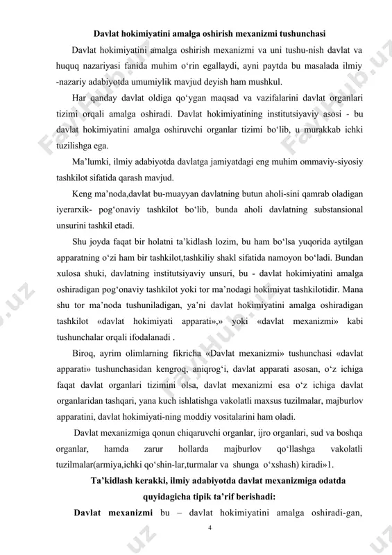 davlat mexanizmi esa o‘z ichiga davlat organlaridan tashqari, yana kuch ishlatishga vakolatli maxsus tuzilmalar, majburlov apparatini, davlat hokimiyati-ning moddiy vositalarini ham oladi. davlat mexanizmiga qonun chiqaruvchi organlar, ijro organlari, sud va boshqa organlar, hamda zarur hollarda majburlov qo‘llashga vakolatli tuzilmalar(armiya,ichki qo‘shin-lar,turmalar va shunga o‘xshash) kiradi»1. ta’kidlash kerakki, ilmiy adabiyotda davlat mexanizmiga odatda quyidagicha tipik ta’rif berishadi: davlat mexanizmi bu – davlat hokimiyatini amalga oshiradi-gan, davlatning funksiyalarining bajarilishini ta’minlaydigan davlat organ-lari tizimidir. boshqa ta’riflar ham shaklan farq qilsada mazmunan ushbu ta’rifga yaqin turadi. davlat mexanizmi bu - real, mavjud moddiy kuch bo‘lib, uning asosida davlat hokimiyati amalga oshiriladi. davlat mexanizmi davlatning tuzilishini, uning doimiy amal qilishining tuzilmaviy-moddiy ifodasi hisoblanadi. davlat mexanizmi – bu davlat hokimiyatini, uning vazifa va funksiyalarini amalga oshiruvchi davlat organlari va muassasalarining yaxlit ierarxik (pog‘onaviy) tizimidir. davlat hokimiyatini amalga oshirish mexanizmi yaxlit bir tizim bo‘lib, u qator xarakterli belgilarga egadir: 1. davlat mexanizmi bu davlat organlari va muassasalarining …