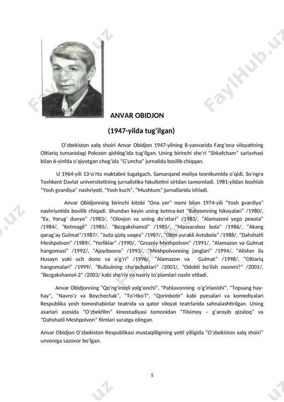 vtobola” /1988/, “dahshatli meshpolvon” /1989/, “yerliklar” /1990/, “grozniy meshpolvon” /1991/, “alamazon va gulmat hangomasi” /1992/, “ajoyibxona” /1993/, “meshpolvonning janglari” /1994/, “alisher ila husayn yoki uch dono va o‘g‘ri” /1996/, “alamazon va gulmat” /1998/, “oltiariq hangomalari” /1999/, “bulbulning cho‘pchaklari” /2001/, “odobli bo‘lish osonmi?” /2001/, “bezgakshamol-2” /2003/ kabi she’riy va nasriy to‘plamlari nashr etiladi. anvar obidjonning “qo‘ng‘iroqli yolg‘onchi”, “pahlavonning o‘g‘irlanishi”, “topsang hay-hay”, “navro‘z va boychechak”, “to‘rtko‘l”, “qorinbotir” kabi pyesalari va komediyalari respublika yosh tomoshabinlar teatrida va qator viloyat teatrlarida sahnalashtirilgan. uning asarlari asosida “o‘zbekfilm” kinostudiyasi tomonidan “tilsimoy – g‘aroyib qizaloq” va “dahshatli meshpolvon” filmlari suratga olingan. anvar obidjon o‘zbekiston respublikasi mustaqilligining yetti yilligida “o‘zbekiston xalq shoiri” unvoniga sazovor bo‘lgan. asqad muxtor (1920-1997) asqad muxtor 1920-yilda farg‘ona shahrida temir yo‘l ishchisi oilasida tug‘ilgan. u 11 yoshida otadan yetim qolib, bolalar uyida tarbiyalangan. toshkent davlat universitetida tahsil olgan. u bolalar uchun uzoq yillar ijod qilib kelgan. asqad muxtorning “tinchlik soldati”, “kaptarlar”, “chin yurakdan”, “hayotga …