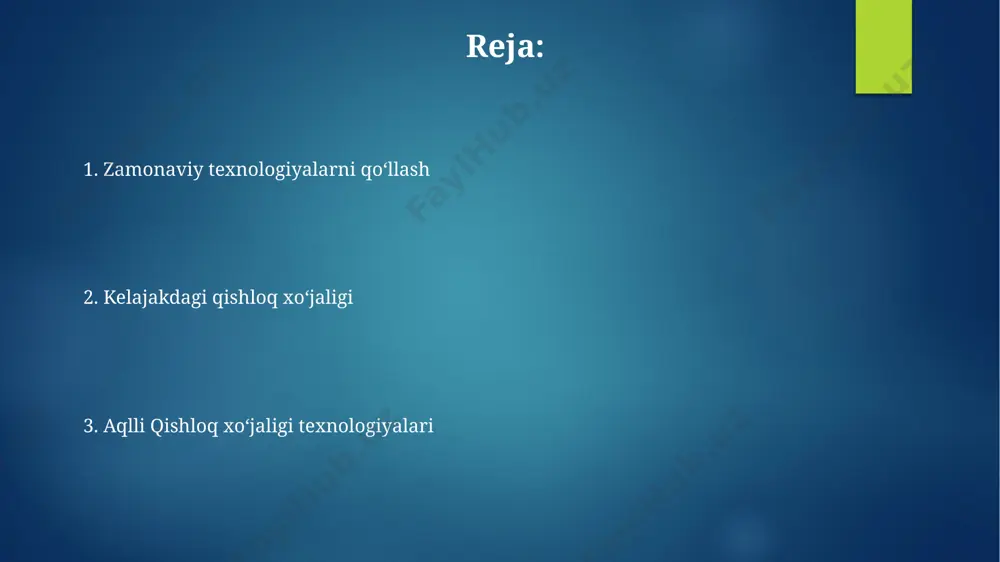 i. big data va sun'iy intellekt qishloq xo'jaligida jahon banki maʼlumotlariga koʻra, andijon viloyatida 2024 yilda sunʼiy intellekt asosida ishlaydigan prediktiv analitik tizimlar qoʻllanilishi natijasida oʻgʻit sarfini 20% ga kamaytirish va hosilni 8% ga oshirish kutilmoqda. toshkent viloyatida joylashgan fermer xoʻjaliklarida oʻrnatilgan sensorlar 700 dan ortiq maʼlumot nuqtasini taqdim etib, sunʼiy intellekt yordamida suv isteʼmolini 10% ga kamaytirdi va hosildorlikni oshirdi. sensorlar va iot texnologiyalari global miqyosda 2022 yilda 3 milliarddan ortiq iot qurilmalari qishloq xo'jaligida qo'llanilgan bo'lib, ularning 60% dan ortig'i sensorlar bilan jihozlangan, bu esa hosilni kuzatish va boshqarishni yaxshiladi. o'zbekistonning qashqadaryo viloyatida 500 ga yaqin paxta dalasida o'rnatilgan tuproq namligi va haroratini o'lchaydigan sensorlar hosildorlikni 10% ga oshirdi, bu esa iot texnologiyalari orqali aniq sug'orishni ta'minladi. avtomatlashtirilgan qishloq xo'jaligi uskunalari aqsh kompaniyalari tomonidan ishlab chiqarilgan avtomatlashtirilgan o'g'it sepish mashinalari gps va sensorlar yordamida o'g'it miqdorini 10-15% ga optimallashtiradi, bu esa kimyoviy moddalarning ortiqcha sarflanishi va atrof-muhitga salbiy …