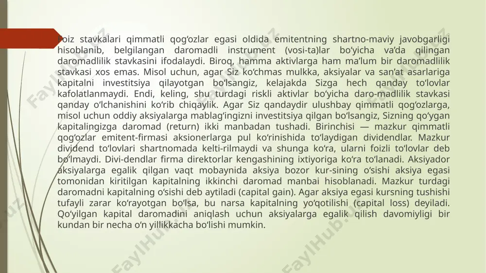 hisobga olgan holda to‘g‘rilanishi yoki o‘zgartirilishi (korrektirovka qilinishi) lozim. shu bois, iqtisodchilar nominal57 narx (baho) (nominal prices) nomini, ya’ni tovar va xizmatlarning price listda ko‘rsatilgan narxi (bahosi)ni va pulning sotib olish qobiliyatini aks ettiruvchi real narx (baho) (real prices)larni alohida farqlashadi (ajratishadi). real va nominal narx (baho)lar farqlangani kabi, real va nominal foiz stavkalari ham farqlanadi. obligatsiya bo‘yicha nominal foiz stavkasi (nominal interest rate) qarz oluvchi tomonidan va’da qilingan va siz bergan pulingiz evaziga olinadigan summadir. real daromadlilik stavkasi (real rate of return) – bu kreditor tomonidan ishlab topilgan hamda pulning sotib olish qobiliyati o‘zgarishi hisobga olingan holda to‘g‘rilangan yoki o‘zgar-tirilgan (korrektirovka qilingan) nominal foiz stavkasidir. misol uchun, agar hisoblangan nominal foiz stavkasi yillik 8%ni tashkil etsa-yu, inflyatsiya darajasi ham 8%ga teng bo‘lsa, bu holda daromadlilikning real stavkasi nolga teng bo‘ladi. agar nominal foiz stavkasi yillik 8%ni tashkil etsa, iste’mol narx (baho)lari indeksi o‘zgarishiga proporsional tarzda o‘zgaruvchi inflyatsiya darajasi esa …