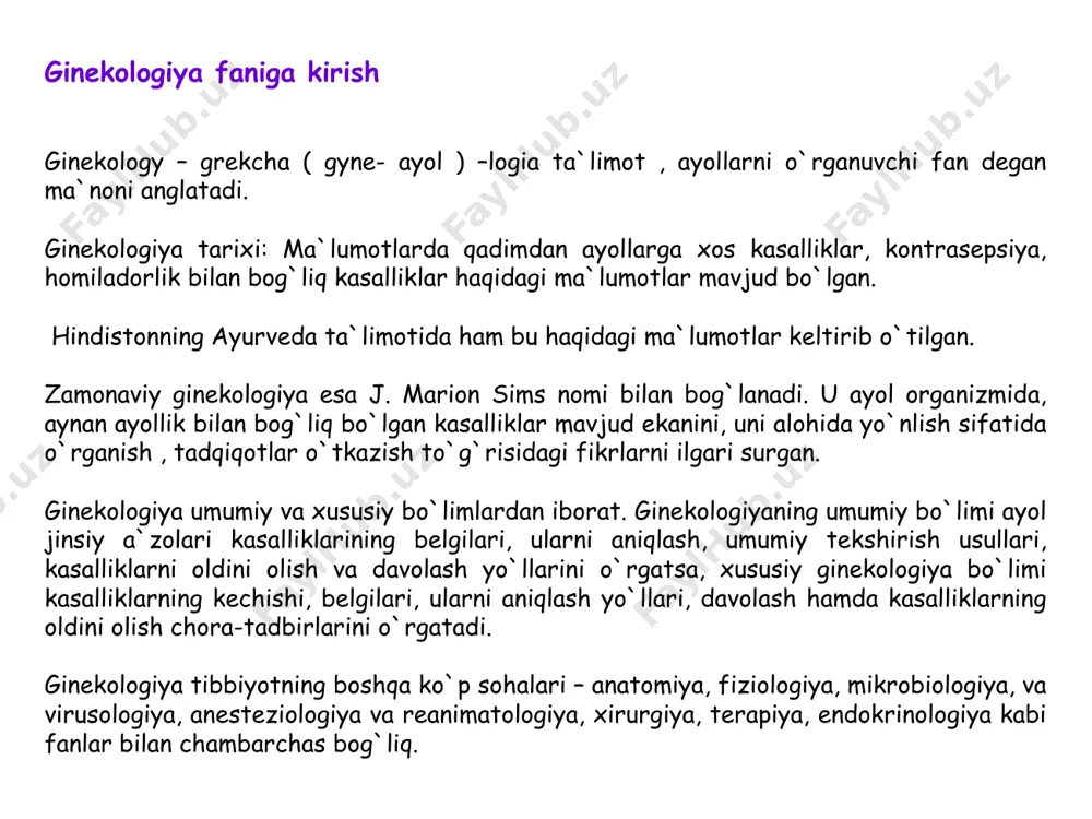 tubarius ni bachadon tubiga biriktiradi 3. mesovarium •lig. latum uteri ning bir qismi •margo mesovarica ga yo’nalgan 4. qorin ichki bosimi mikroskopik tuzilishi : 1. qoplamalari: •qorin parda (intraperitoneal) •tunica albuginea 2. to’qima: a) stroma ovarii – b.t. b) parenchyma ovarii •medulla ovaris - tuxumdon darvozasi yaqinida - estrogen sintezlaydi •cortex ovarii - periferiyada joylashgan - follikulalar joylashgan follikulalar 1. follicula ovarici primordiales* •birlamchi ovotsitlardan tuzilgan •o’ralgan – bir qavat follicular hujayralar •medulla ovarici ga yaqin joylashgan 2. follicula ovarici primarii •birlamchi ovotsitlardan tuzilgan •bir qavat prizmatik follicular hujayralar bilan qoplangan •ooplazma hisobiga hajman kattalashgan •yetilmagan follikula hisoblanadi •jinsiy yetilishgacha va reproductiv davrda mavjud bo’ladi • son jihatdan tuxumdonda eng ko’p bo’lgan follikula (barcha yosh vakillarida) • faqatgina menopauza davrida yo’qoladi 3. follicula ovarici secundarii •birlamchi ovotsitlardan tuzilgan •follicular hujayralar bilan qoplangan > ko’p qavat •follicular hujayralar jinsiy yetilish boshlanishi bilan fsg ta’sirida mitoz bo’lina boshlaydi •fsg – follikula stimullovchi …