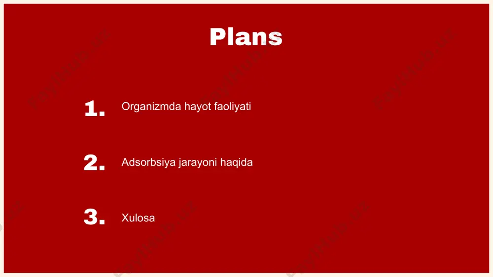 a ega. oziq moddalar almashinuvi va energiya hosil bo'lishi oziq moddalar almashinuvi nafas olish jarayoni bilan chambarchas bog'liq. oziq moddalar va kislorod birgalikda energiya hosil qilish uchun ishlatiladi, bu esa organizmning hayot faoliyatini davom ettirish uchun zarur. energiya hosil bo'lishi natijasida organizm o'z funksiyalarini samarali bajaradi, va adsorbsiya jarayoni bu jarayonda muhim rol o'ynaydi. oziqlanish jarayoni organizmning hayot faoliyatini ta'minlashda muhim rol o'ynaydi. oziq moddalarning organizmga ta'siri uning sog'lig'i va rivojlanishida muhim ahamiyatga ega. oziq moddalarning ta'siri va xususiyatlari “ suyuqliklar muvozanati suyuqliklar muvozanati organizmning sog'lom ishlashi uchun juda muhimdir. u organizm ichidagi suv va elektrolitlarning muvozanatini saqlash orqali, hujayralar va to'qimalarning normal faoliyatini ta'minlaydi. suyuqliklar almashinuvi organizmda oziq moddalar va chiqindilarni transport qilishda katta ahamiyatga ega. ular sog'liqni saqlashda, energiya darajasini oshirishda va ichki muhitni barqarorlashtirishda muhim rol o'ynaydi. kunni suvni yetarli miqdorda iste'mol qilish sog'liq uchun zarurdir, chunki suv organizmning har bir jarayonida ishtirok etadi. chiqindilarni chiqarish jarayoni …